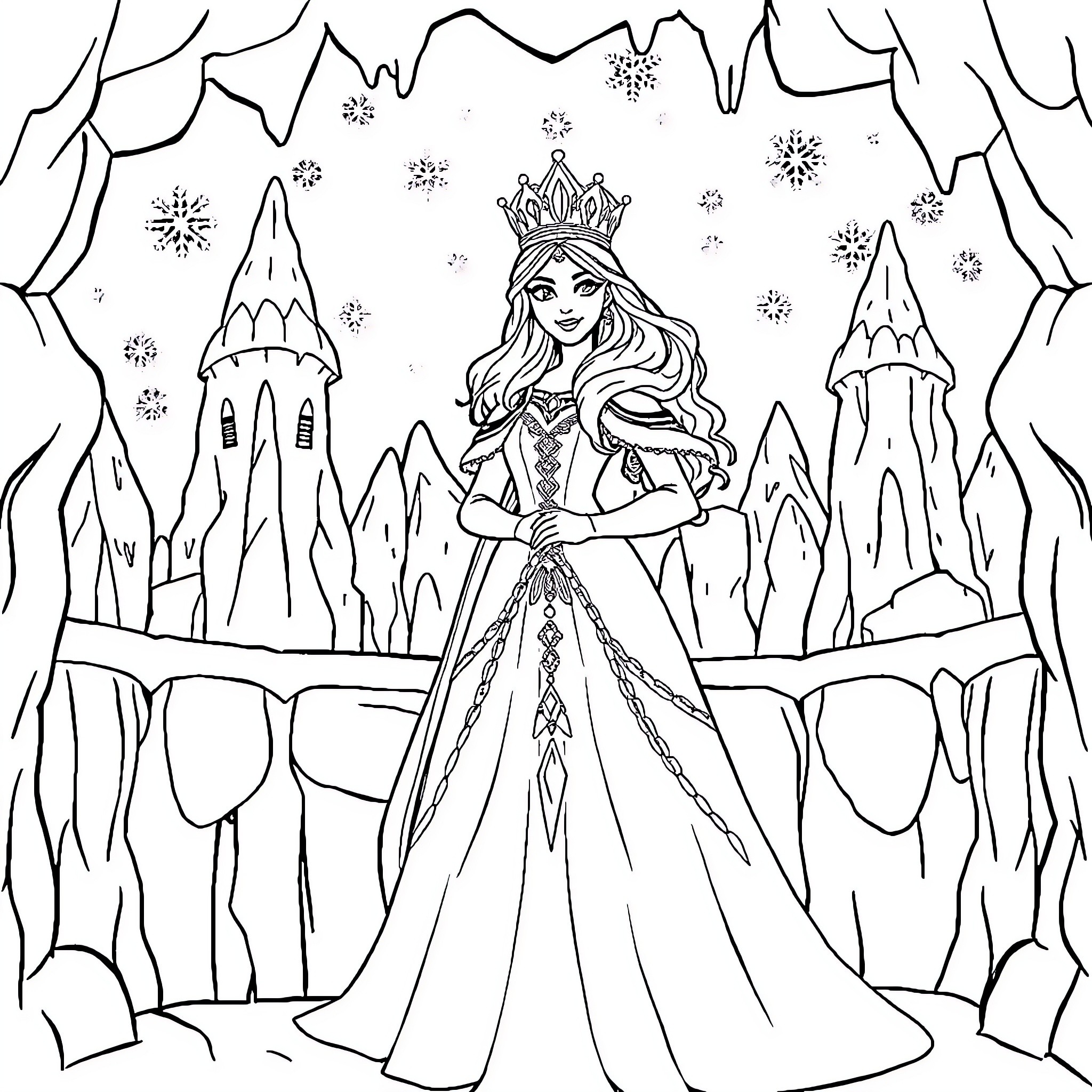 Snow Queen in Elegant Winter Wonderland Coloring Page (free black-and-white line drawing printable PDF for all, from beginners to advanced learners, including children, teens, adults, and seniors)