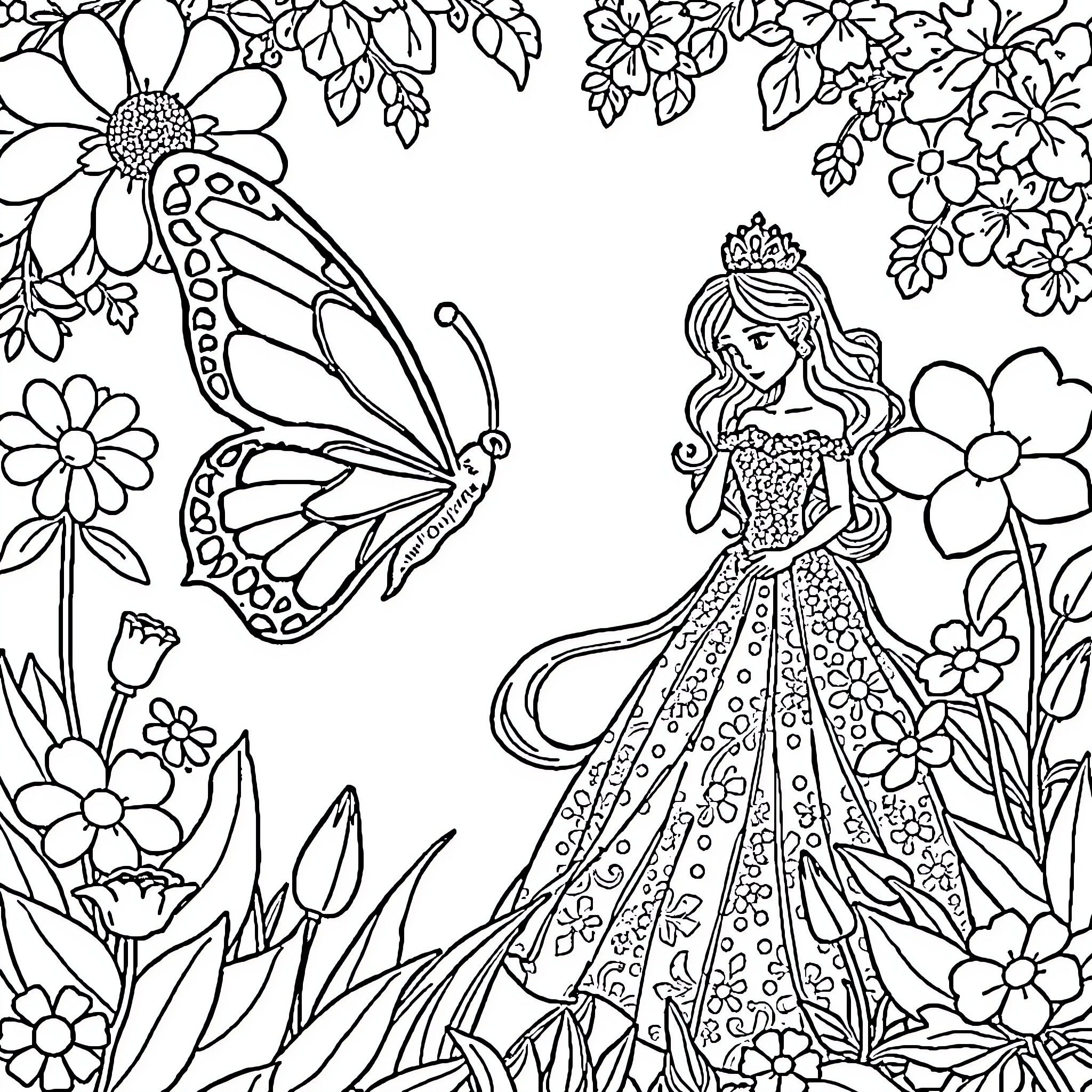 Butterfly and Princess in Floral Garden Coloring Page (free black-and-white line drawing printable PDF for all, from beginners to advanced learners, including children, teens, adults, and seniors)
