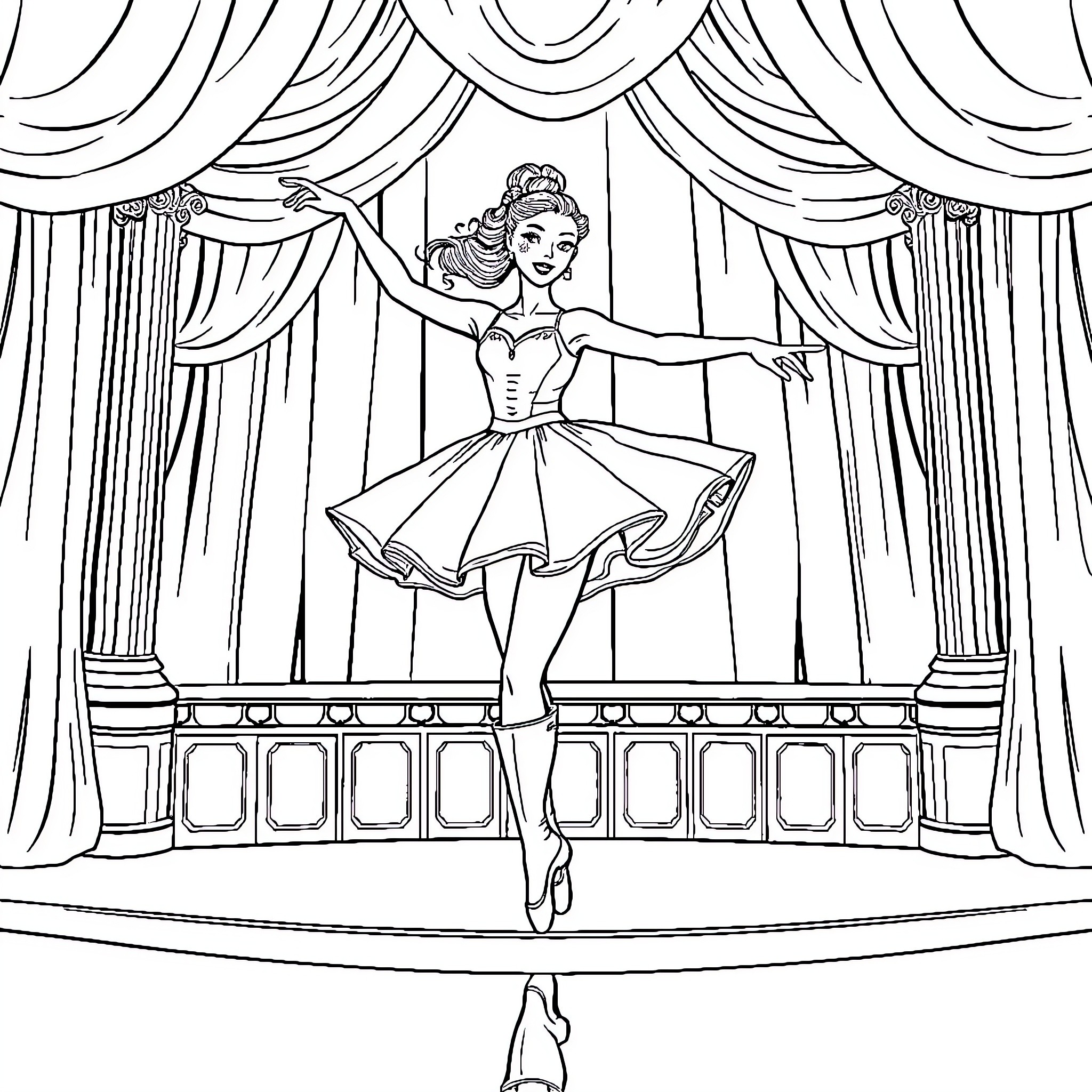Ballerina performing gracefully on stage Coloring Page (free black-and-white line drawing printable PDF for all, from beginners to advanced learners, including children, teens, adults, and seniors)
