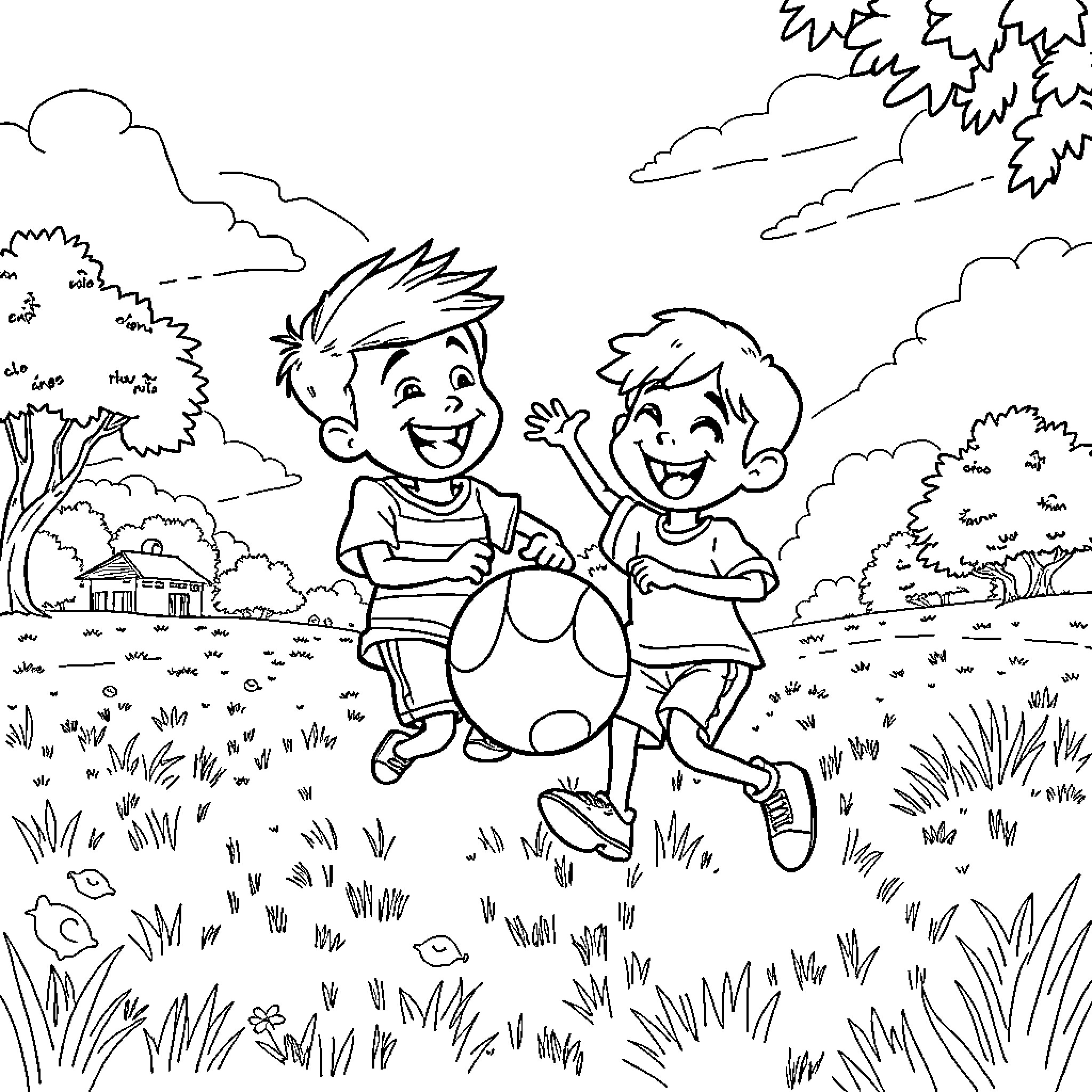 Zipi y Zape playing joyfully in the countryside Coloring Page (free black-and-white line drawing printable PDF for all, from beginners to advanced learners, including children, teens, adults, and seniors)