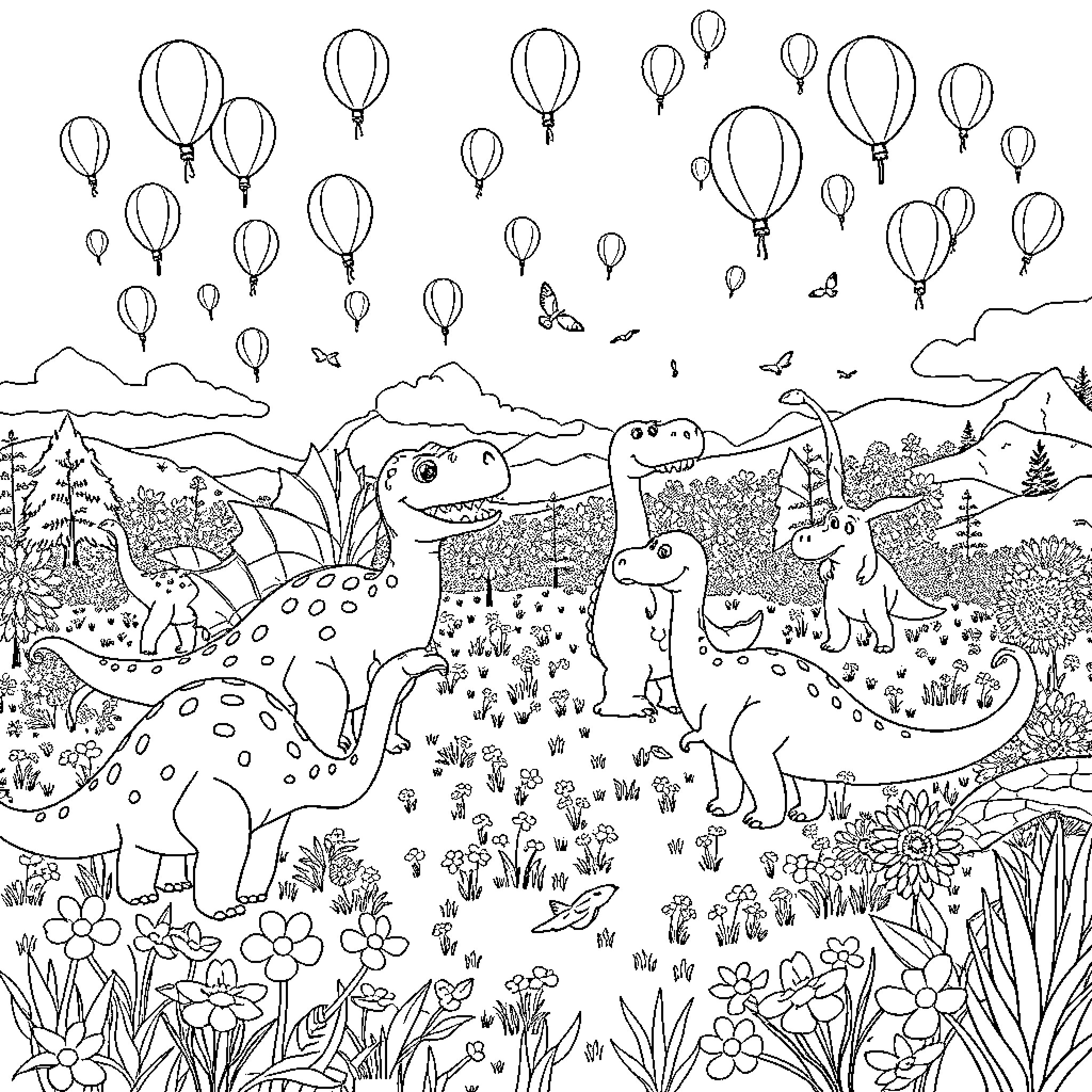 Dinosaurs playing with colorful balloons in a lush landscape Coloring Page (free black-and-white line drawing printable PDF for all, from beginners to advanced learners, including children, teens, adults, and seniors)
