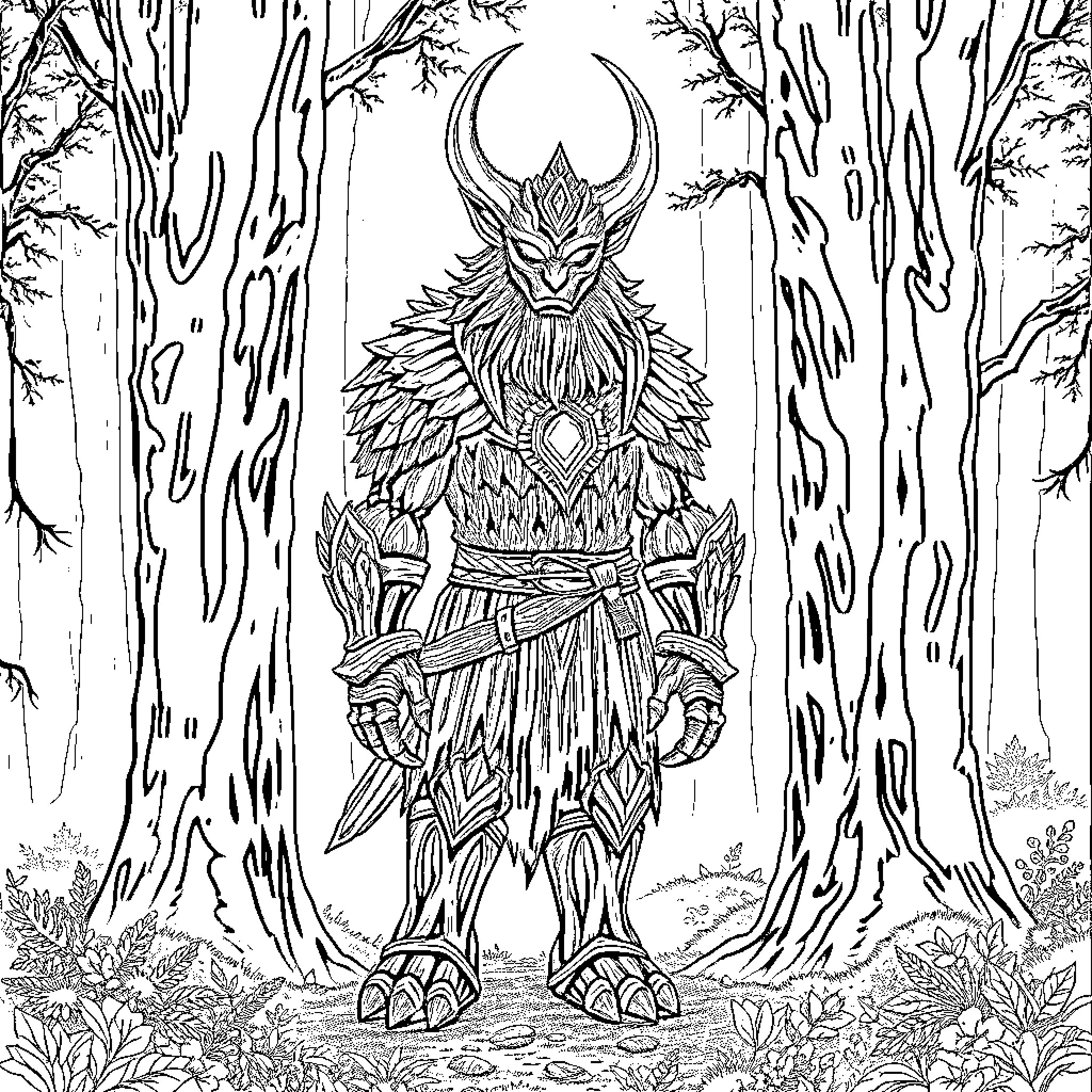 Guardian of the Enchanted Forest Coloring Page (free black-and-white line drawing printable PDF for all, from beginners to advanced learners, including children, teens, adults, and seniors)