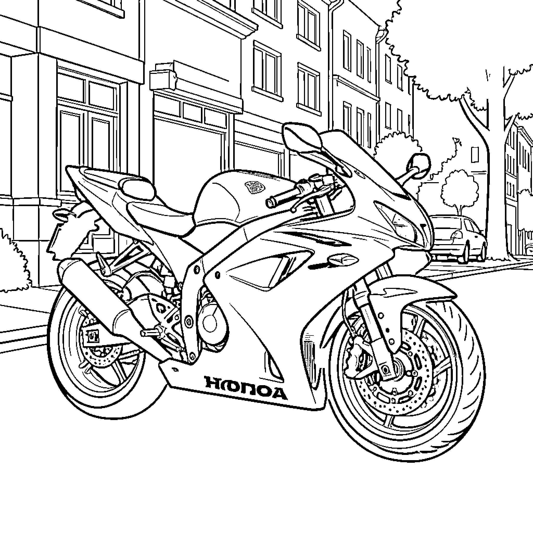 Honda motorcycle parked on a quiet city street Coloring Page (free black-and-white line drawing printable PDF for all, from beginners to advanced learners, including children, teens, adults, and seniors)