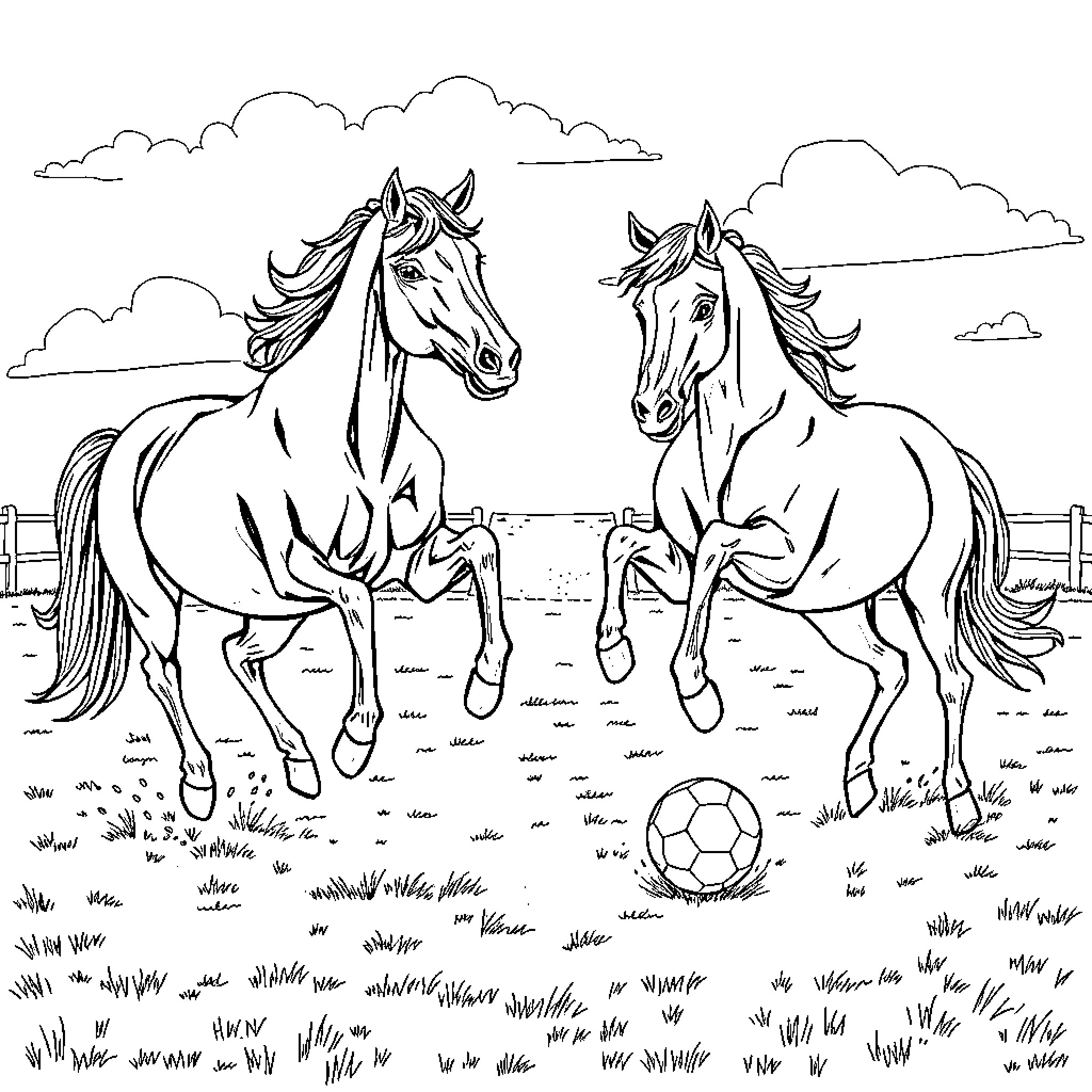 Horse friends frolicking in the field with soccer ball Coloring Page (free black-and-white line drawing printable PDF for all, from beginners to advanced learners, including children, teens, adults, and seniors)
