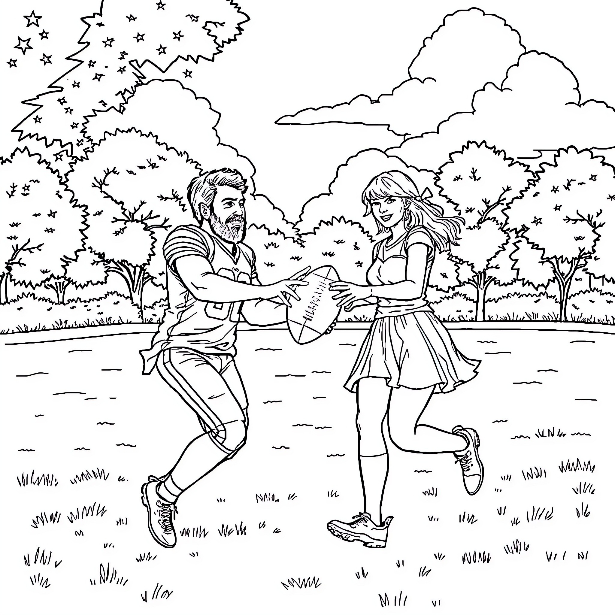 Travis Kelce enjoying a picnic with his partner in the park Coloring Page (free black-and-white line drawing printable PDF for all, from beginners to advanced learners, including children, teens, adults, and seniors)