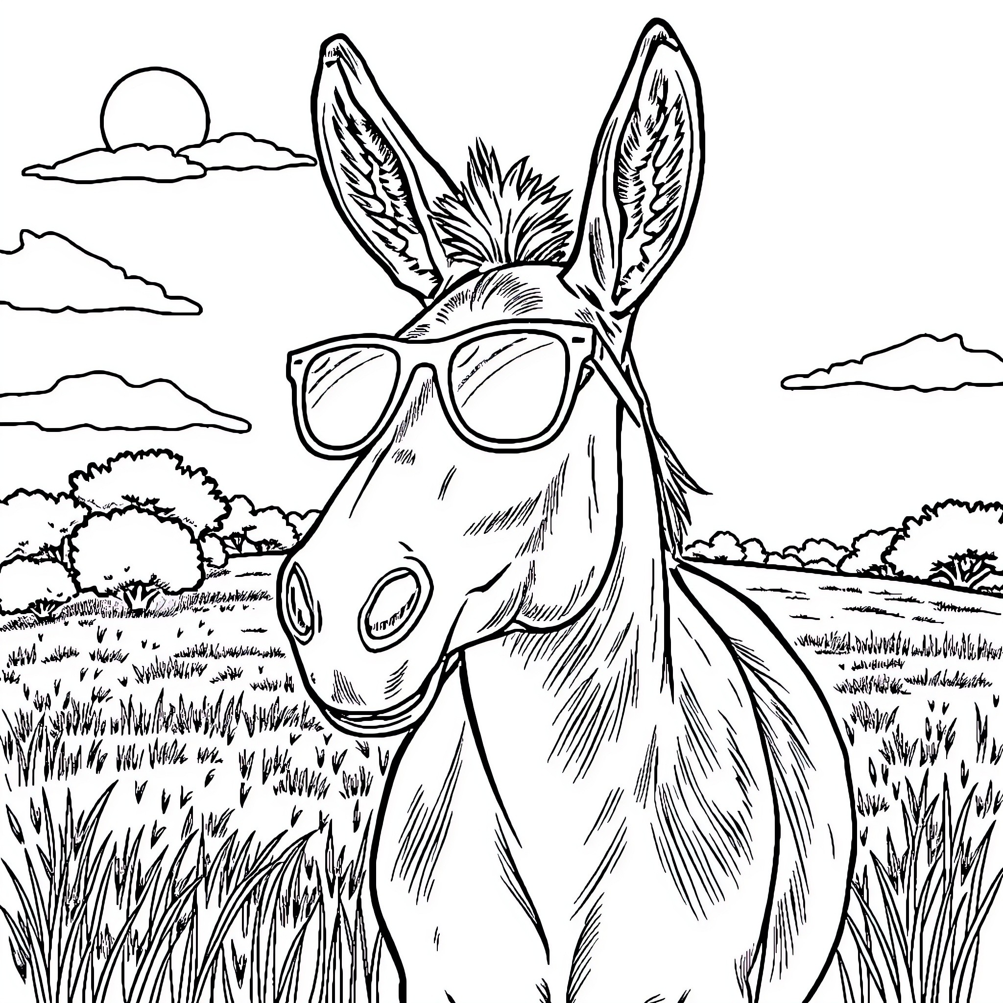 Donkey wearing cool sunglasses in a scenic landscape Coloring Page (free black-and-white line drawing printable PDF for all, from beginners to advanced learners, including children, teens, adults, and seniors)