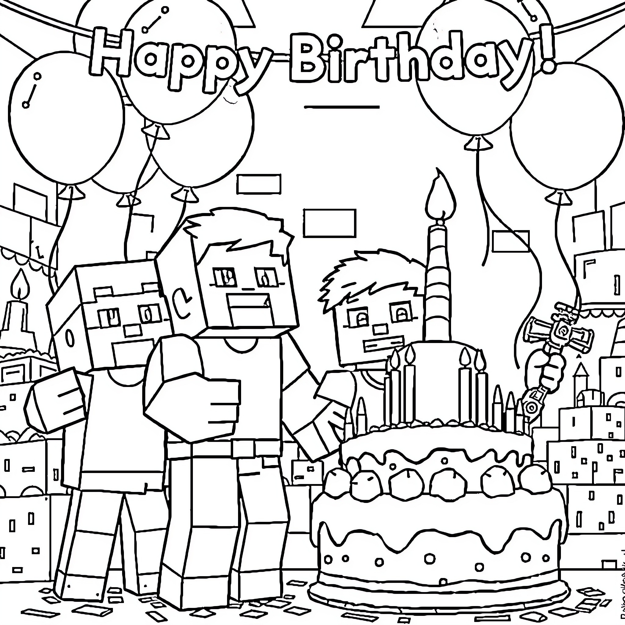 Minecraft Character Celebrating Birthday with Cake and Balloons Coloring Page (free black-and-white line drawing printable PDF for all, from beginners to advanced learners, including children, teens, adults, and seniors)