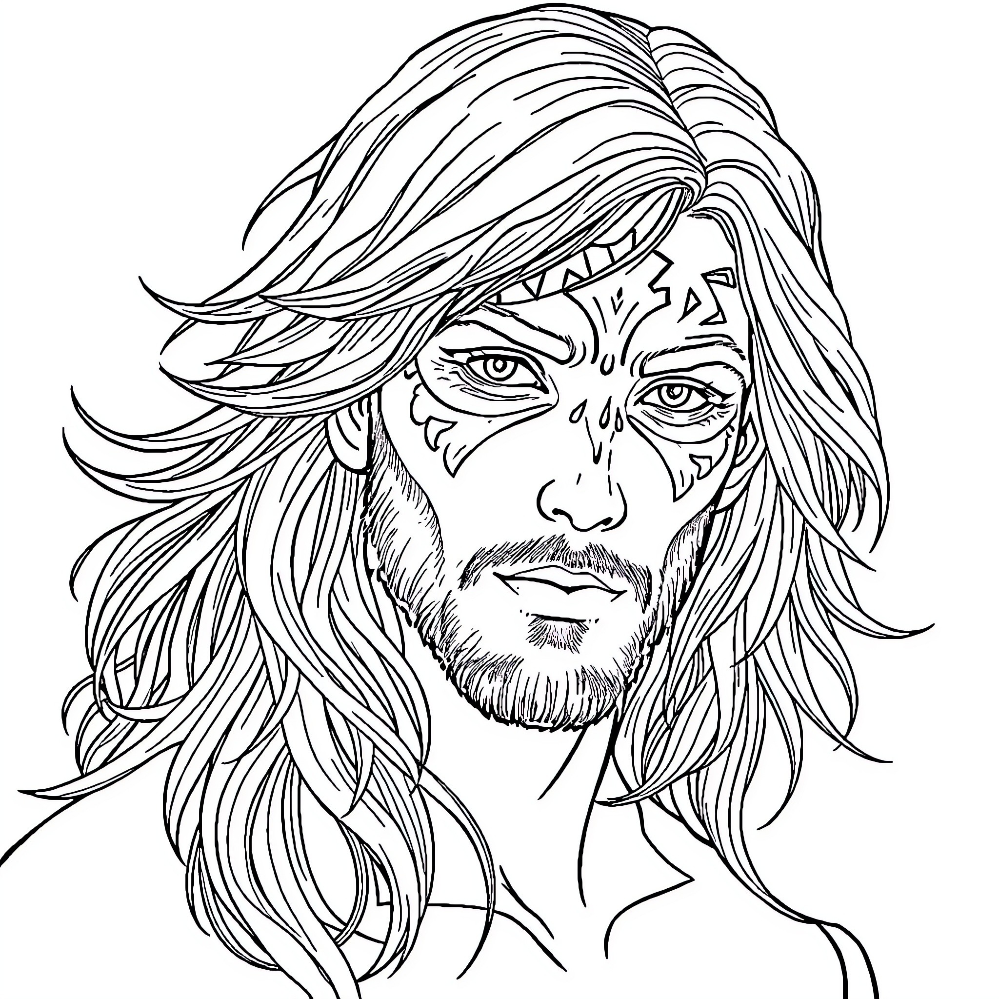 Man with long, flowing hair and intense expression Coloring Page (free black-and-white line drawing printable PDF for all, from beginners to advanced learners, including children, teens, adults, and seniors)