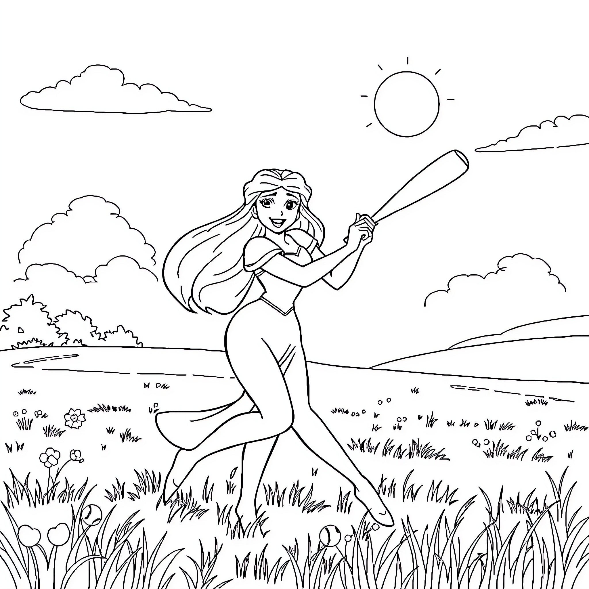 Sleeping Beauty swinging a bat in a field Coloring Page (free black-and-white line drawing printable PDF for all, from beginners to advanced learners, including children, teens, adults, and seniors)
