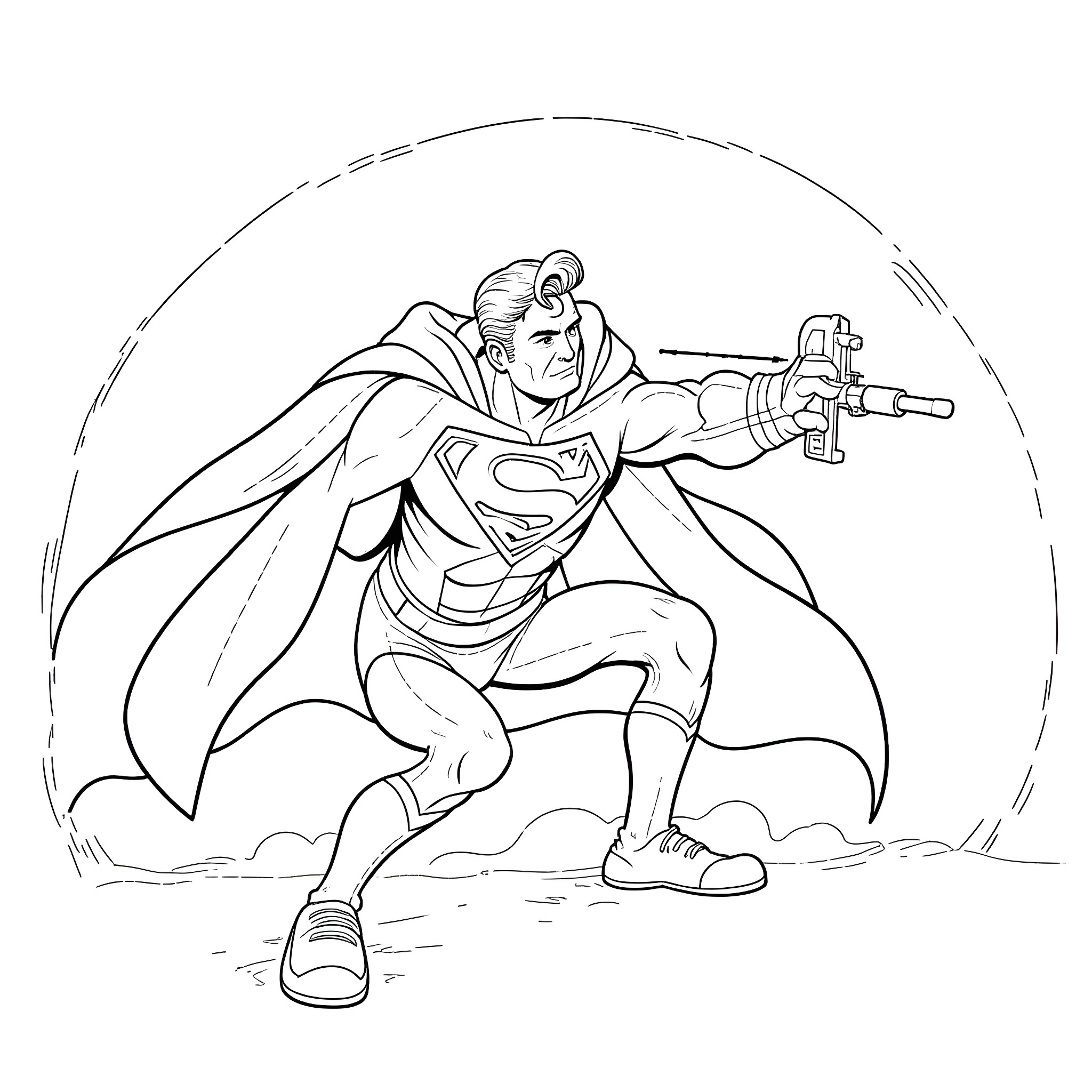 Superman in action with laser blaster Coloring Page (free black-and-white line drawing printable PDF for all, from beginners to advanced learners, including children, teens, adults, and seniors)