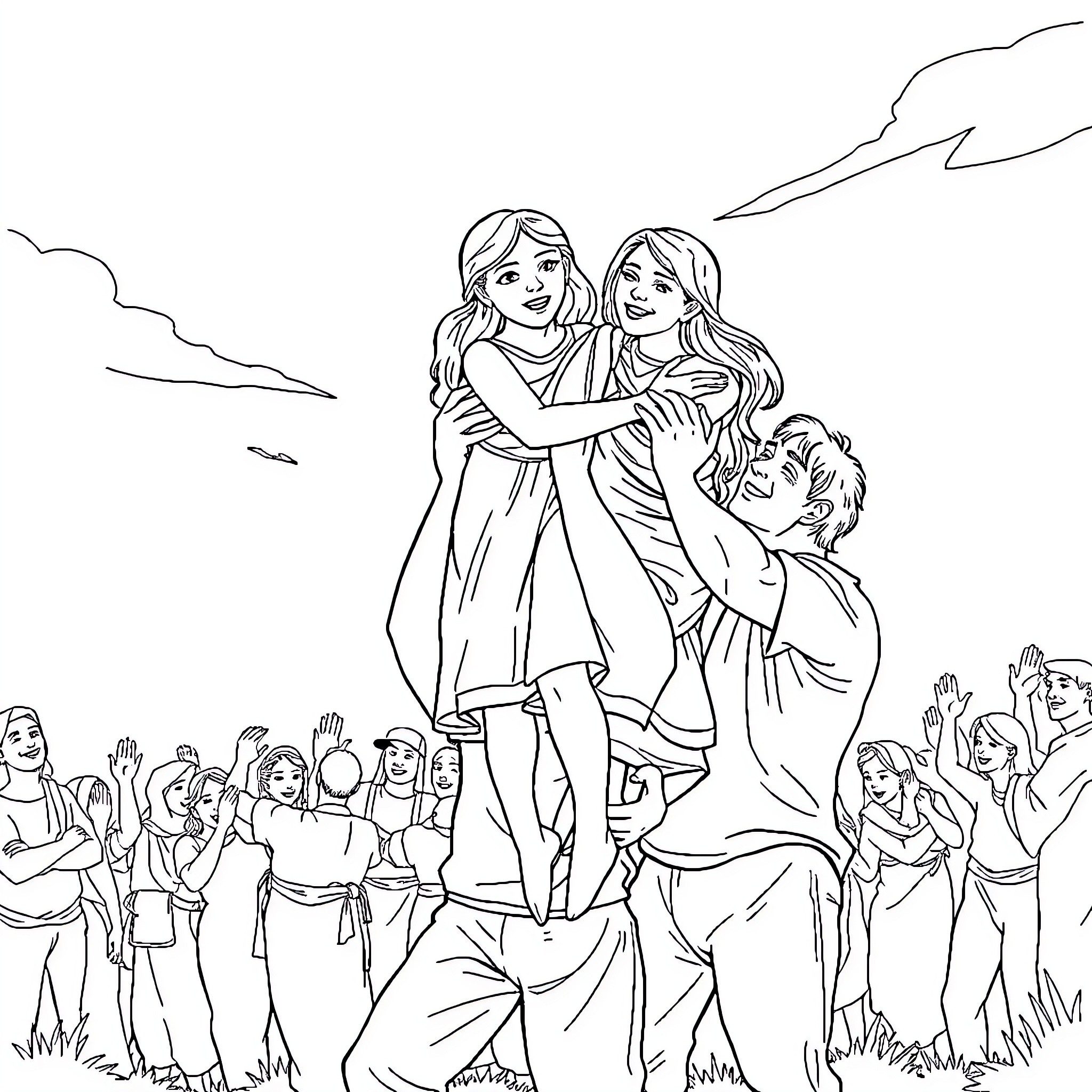 Woman embracing with another woman surrounded by a crowd Coloring Page (free black-and-white line drawing printable PDF for all, from beginners to advanced learners, including children, teens, adults, and seniors)