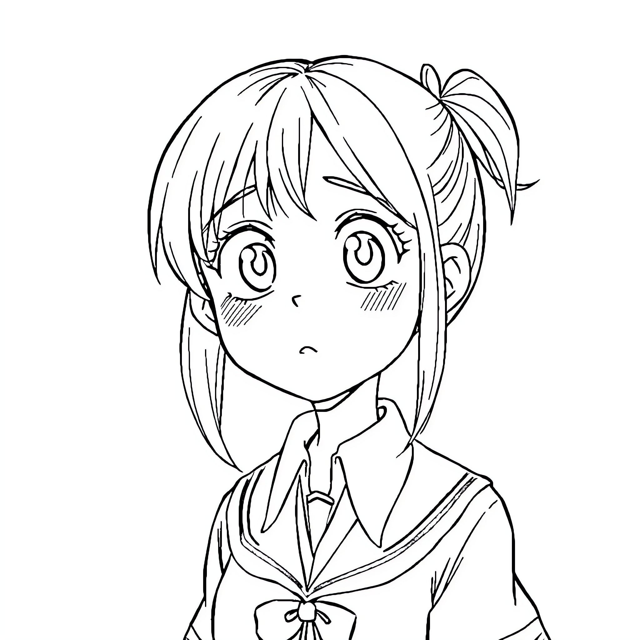 School Girl with Curious Expression Coloring Page (free black-and-white line drawing printable PDF for all, from beginners to advanced learners, including children, teens, adults, and seniors)