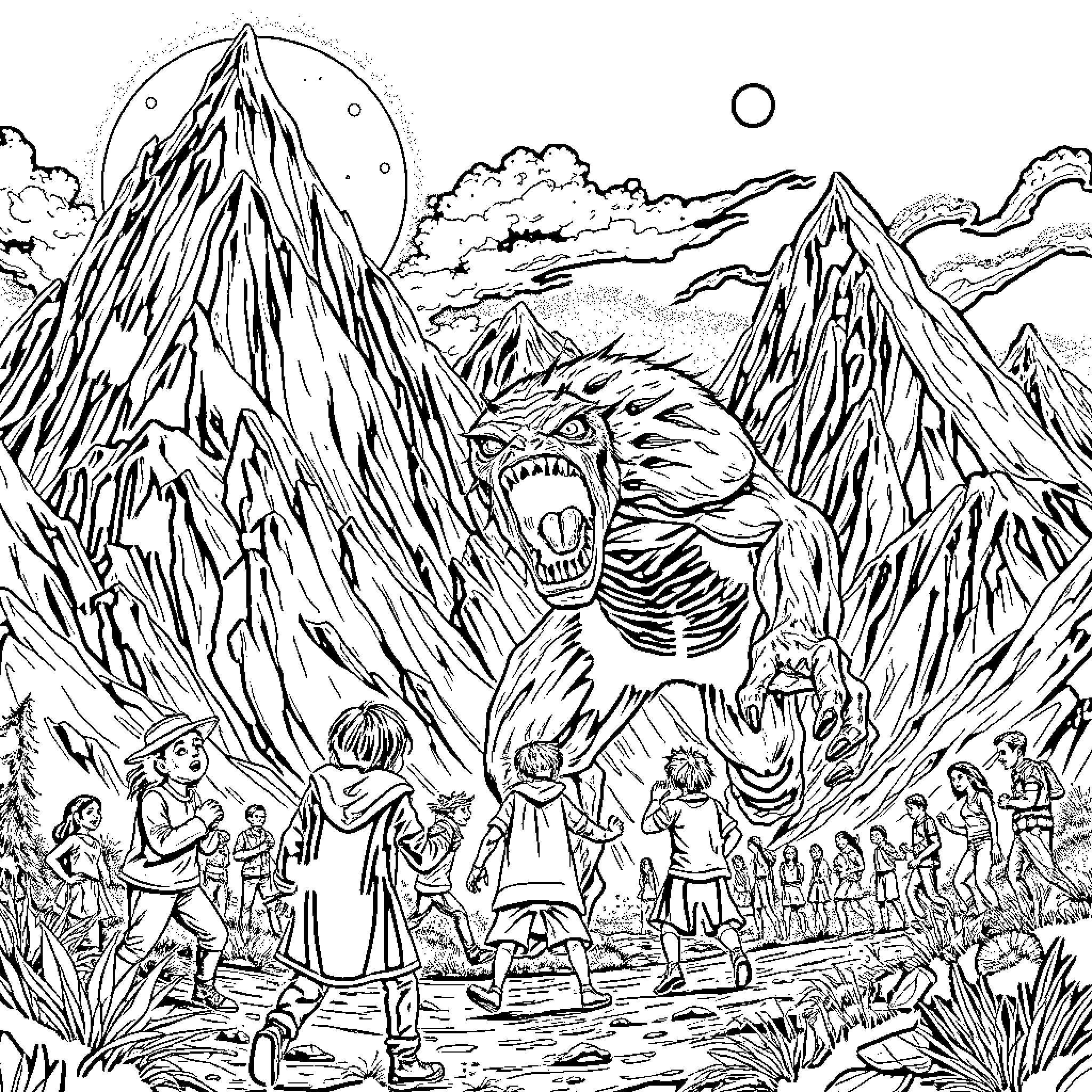 Monster terrorizing a village in the mountains Coloring Page (free black-and-white line drawing printable PDF for all, from beginners to advanced learners, including children, teens, adults, and seniors)