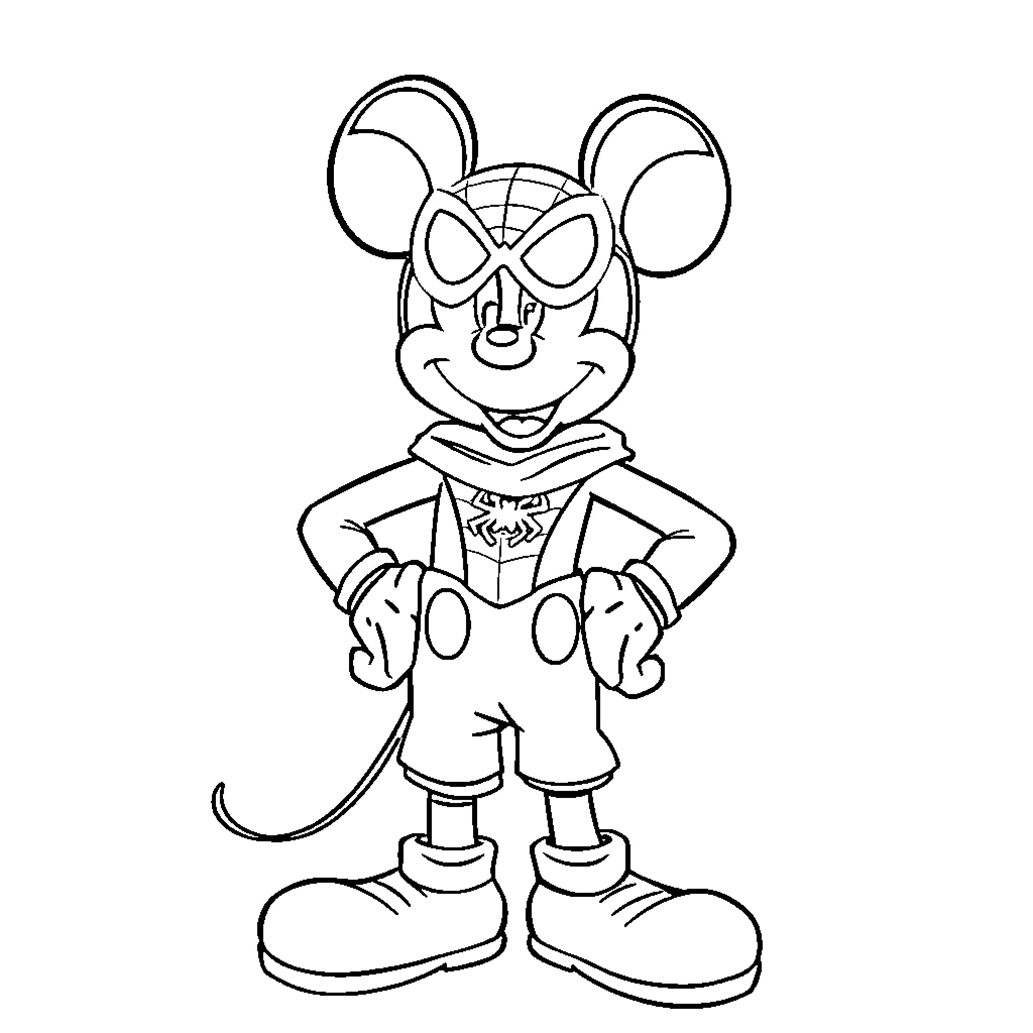 Mickey Mouse in a mischievous pose Coloring Page (free black-and-white line drawing printable PDF for all, from beginners to advanced learners, including children, teens, adults, and seniors)