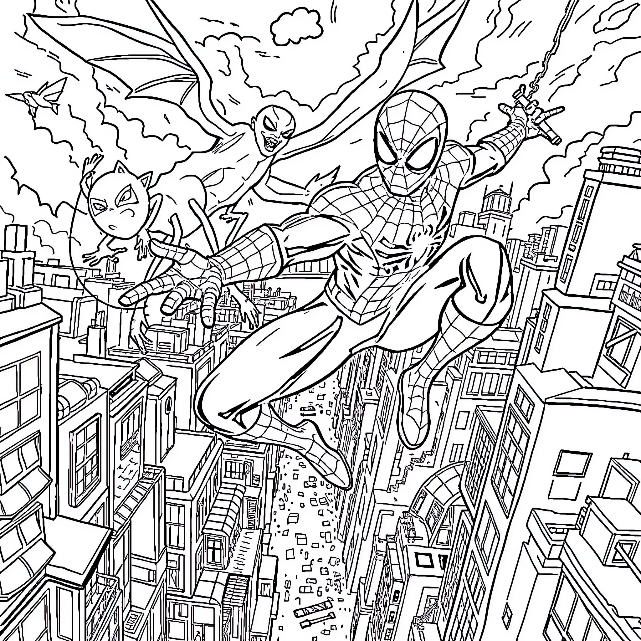 Spider-Man swinging through the city during an epic battle Coloring Page (free black-and-white line drawing printable PDF for all, from beginners to advanced learners, including children, teens, adults, and seniors)