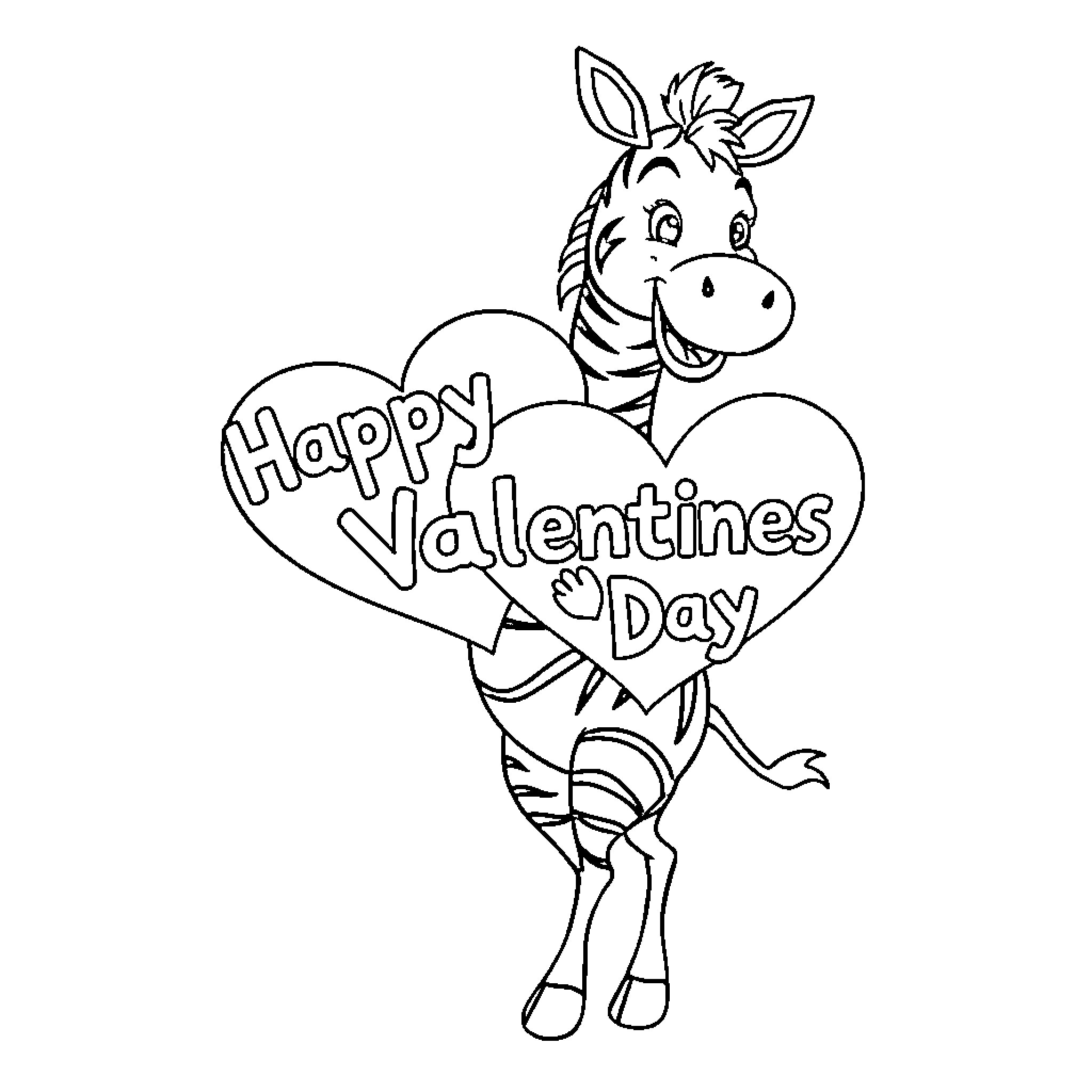 Zebra holding a Valentine's Day heart Coloring Page (free black-and-white line drawing printable PDF for all, from beginners to advanced learners, including children, teens, adults, and seniors)