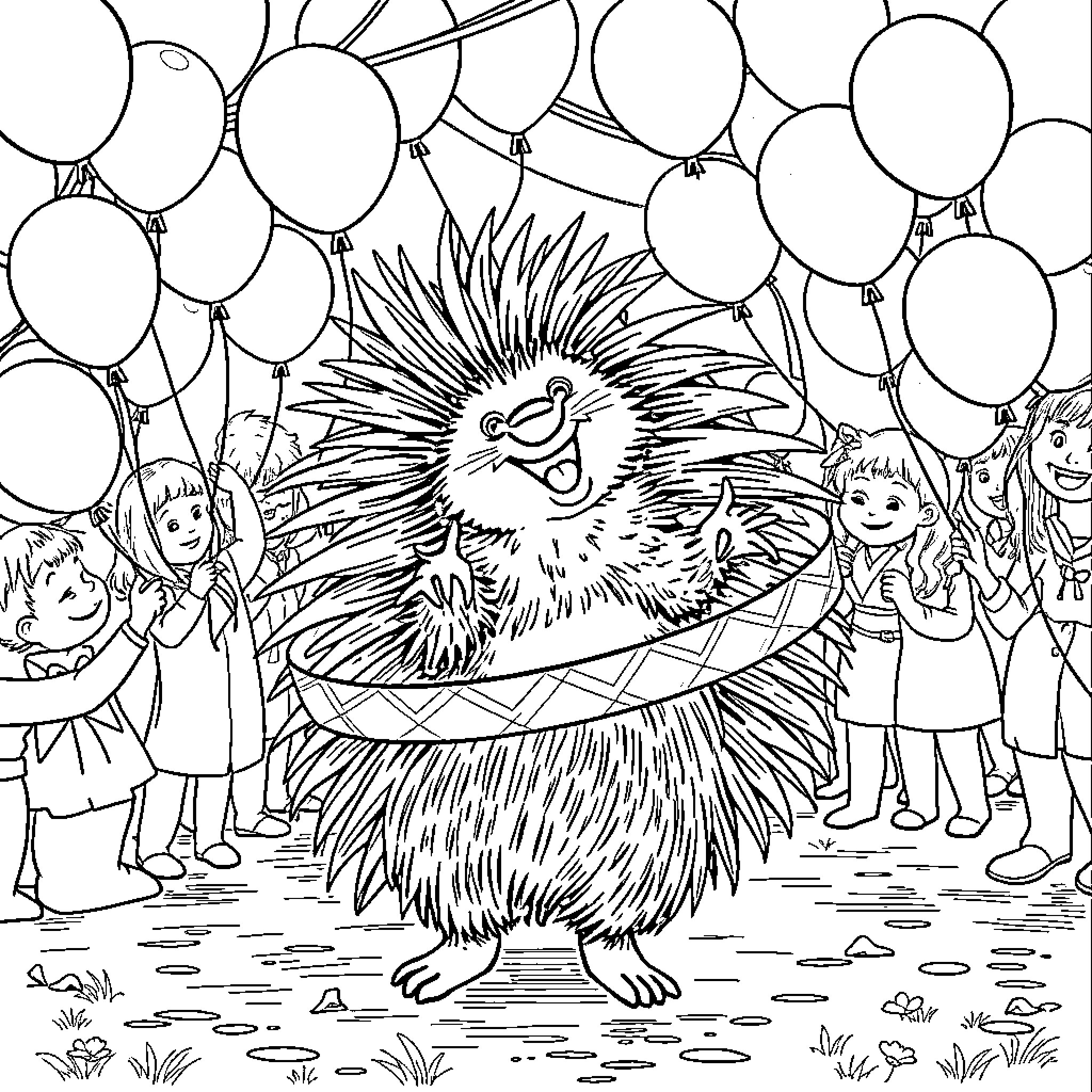 Porcupine celebrating with children and balloons Coloring Page (free black-and-white line drawing printable PDF for all, from beginners to advanced learners, including children, teens, adults, and seniors)