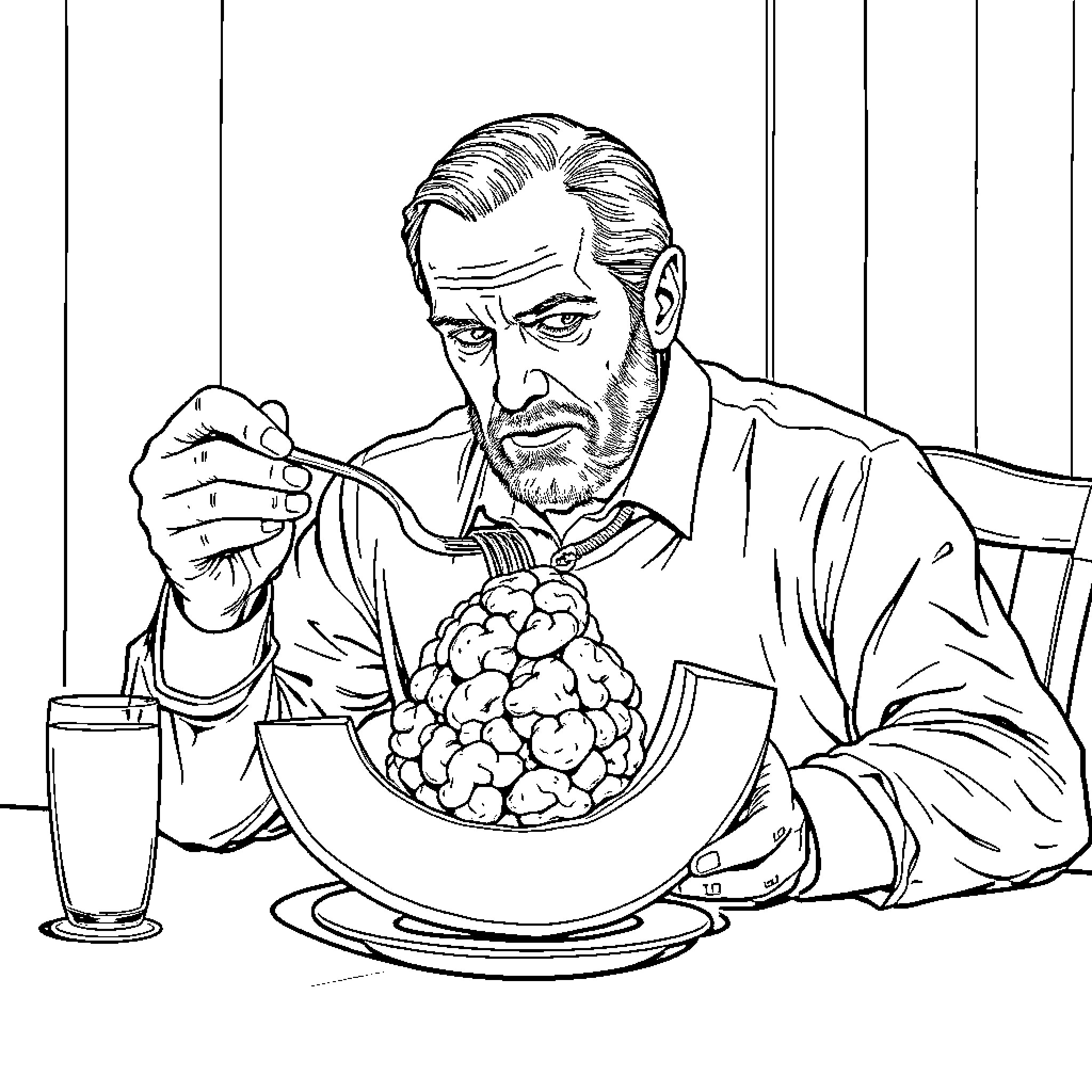 Hannibal Lecter Savoring a Gourmet Meal Coloring Page (free black-and-white line drawing printable PDF for all, from beginners to advanced learners, including children, teens, adults, and seniors)