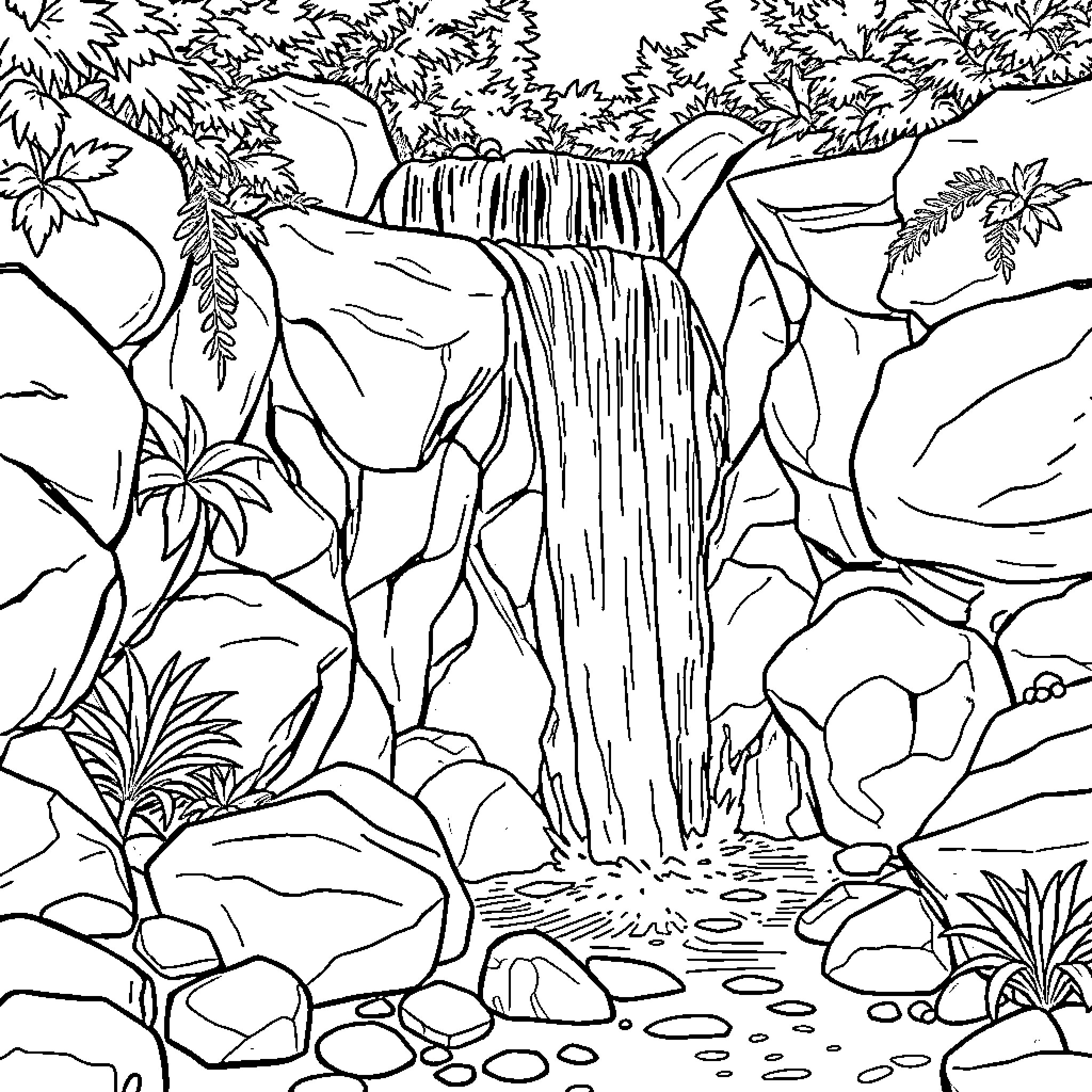 Waterfall cascading through lush tropical foliage Coloring Page (free black-and-white line drawing printable PDF for all, from beginners to advanced learners, including children, teens, adults, and seniors)