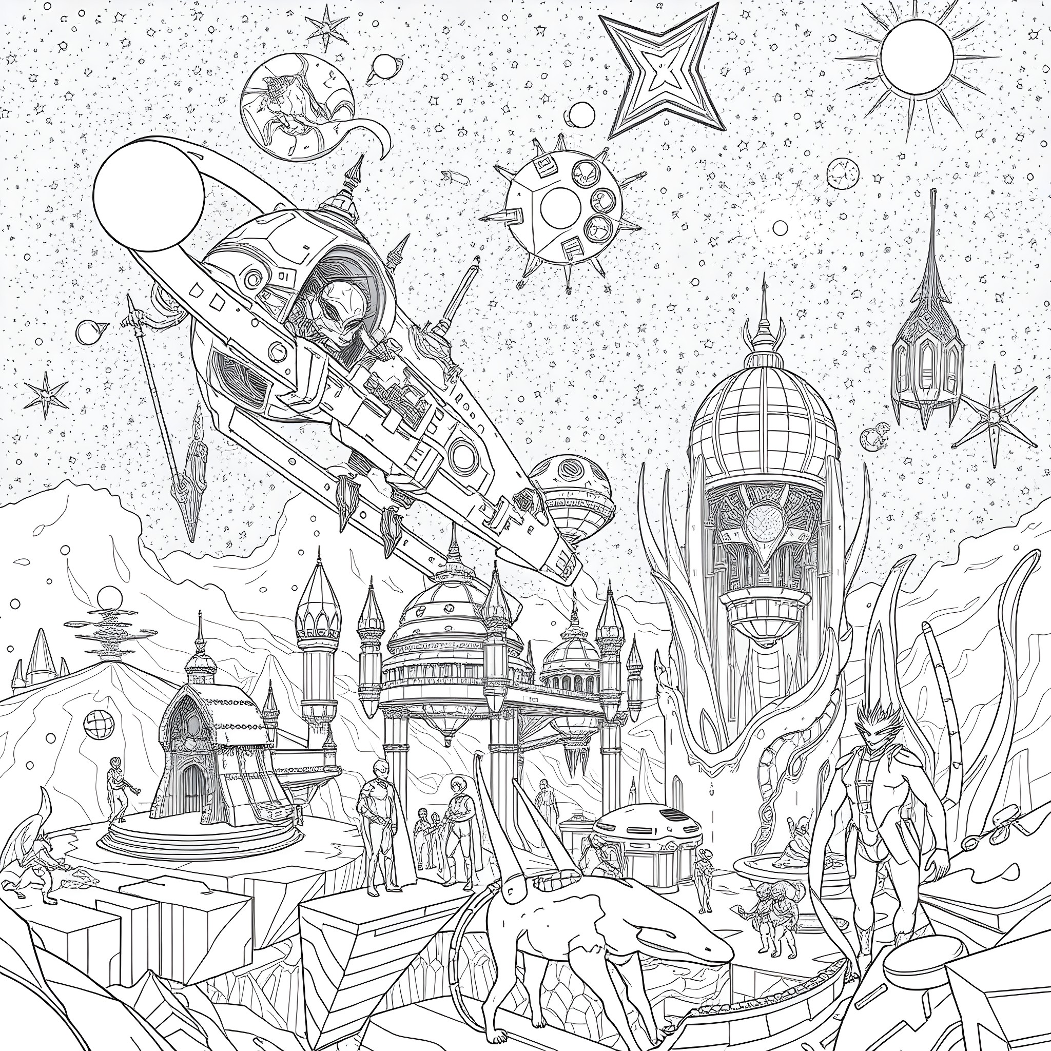 Galaxy of sci-fi structures, characters, and space elements Coloring Page (free black-and-white line drawing printable PDF for all, from beginners to advanced learners, including children, teens, adults, and seniors)
