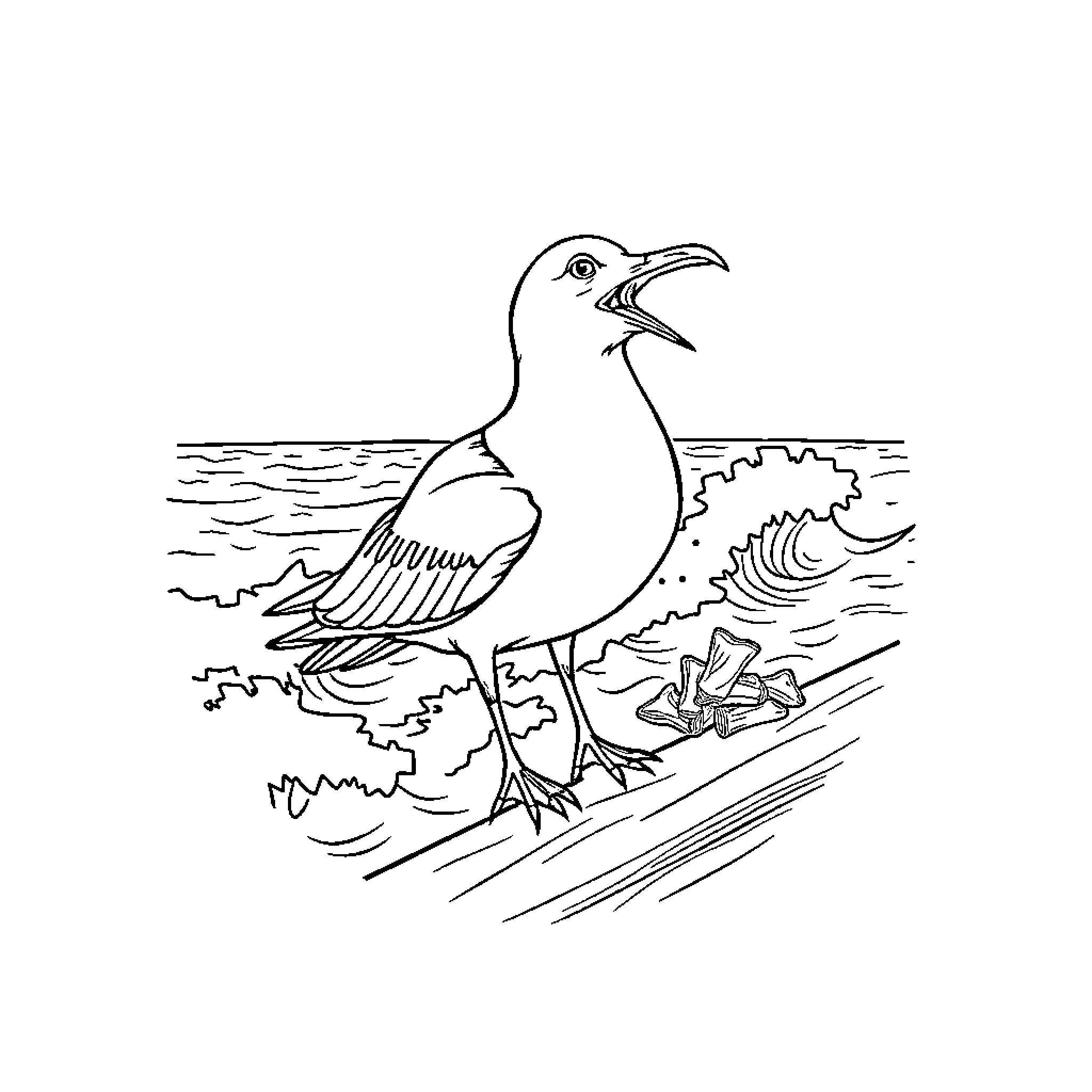 Seagull on the Shoreline Coloring Page (free black-and-white line drawing printable PDF for all, from beginners to advanced learners, including children, teens, adults, and seniors)