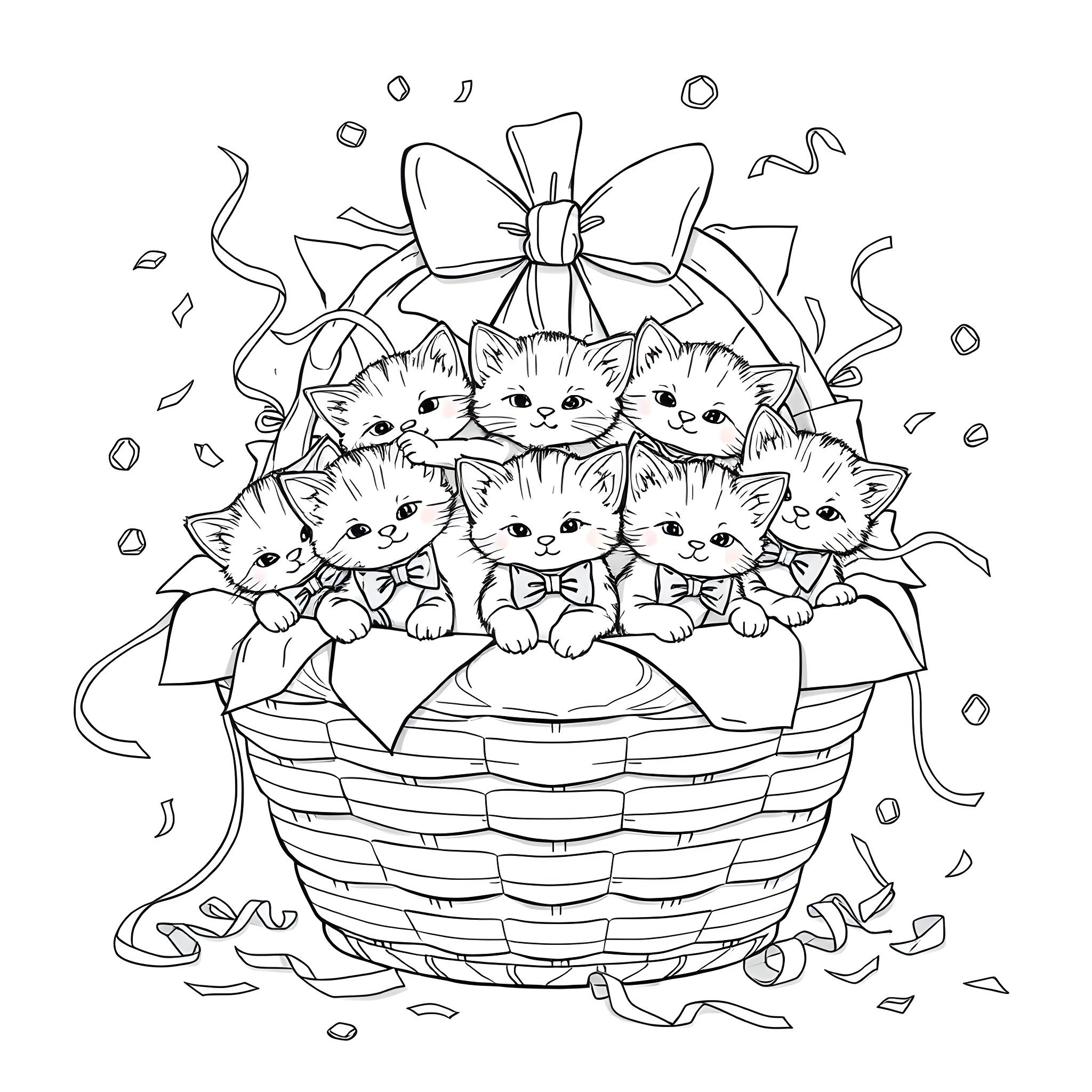 Kittens in a basket with a big bow Coloring Page (free black-and-white line drawing printable PDF for all, from beginners to advanced learners, including children, teens, adults, and seniors)