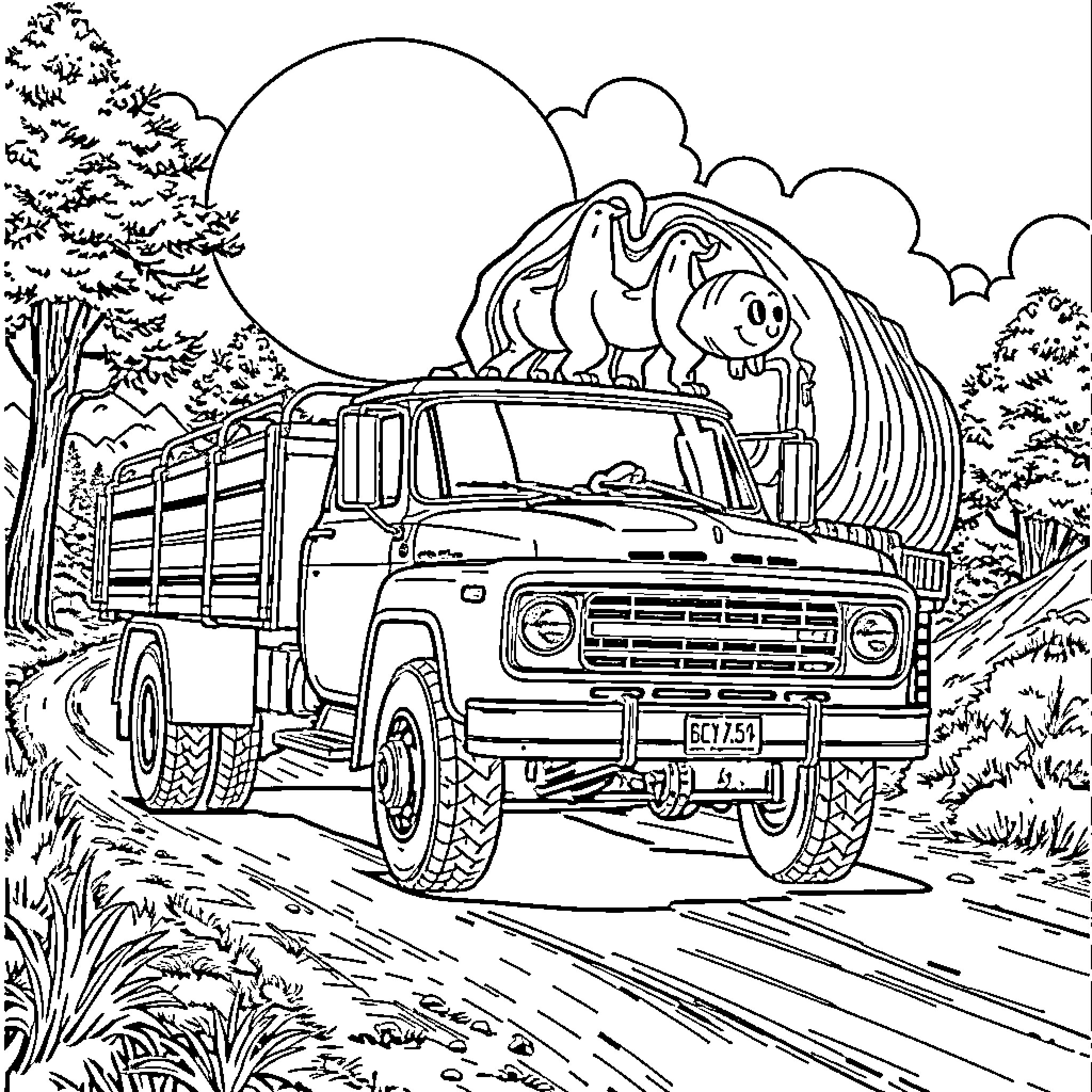 Chevy truck carrying playful animals in the countryside Coloring Page (free black-and-white line drawing printable PDF for all, from beginners to advanced learners, including children, teens, adults, and seniors)