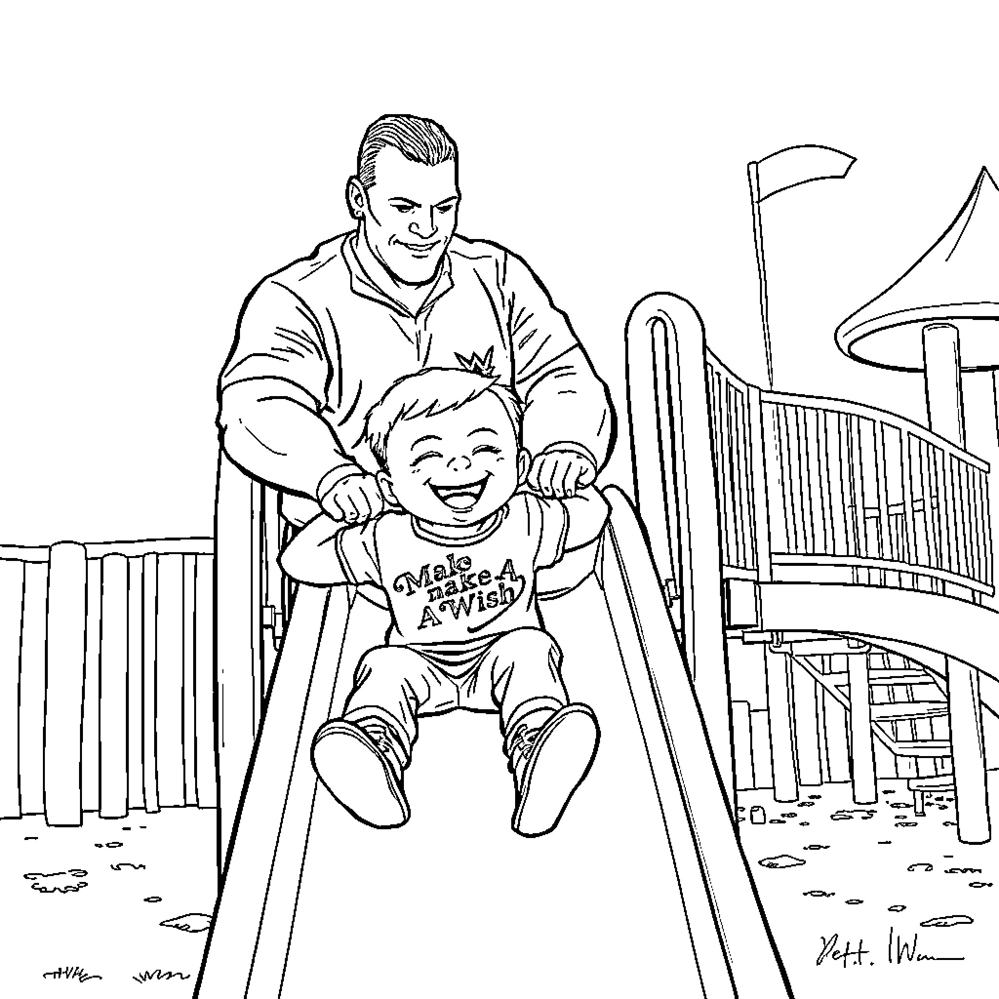 John Cena playing with a smiling child on a playground Coloring Page (free black-and-white line drawing printable PDF for all, from beginners to advanced learners, including children, teens, adults, and seniors)