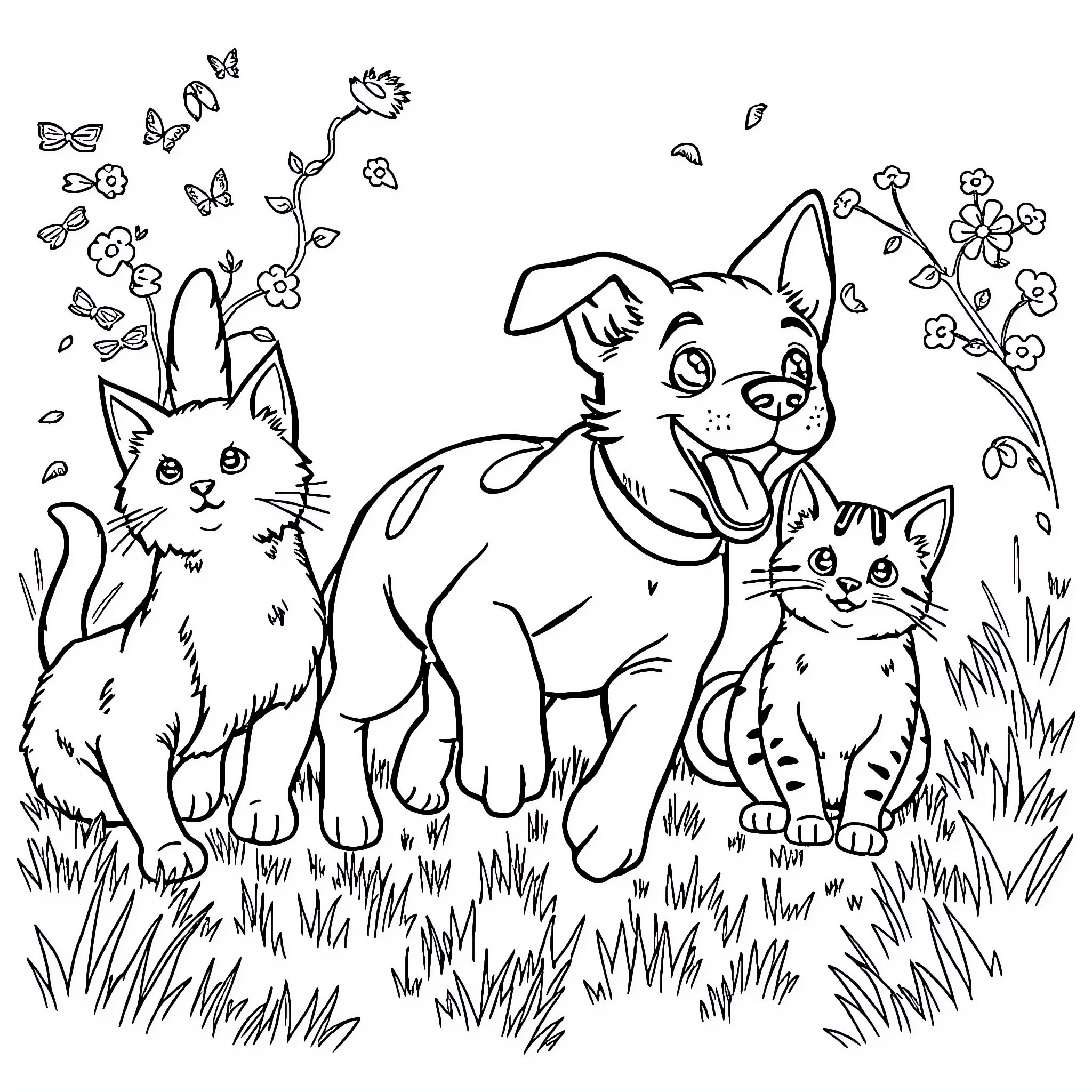 Dog, cat, and butterflies in the garden Coloring Page (free black-and-white line drawing printable PDF for all, from beginners to advanced learners, including children, teens, adults, and seniors)