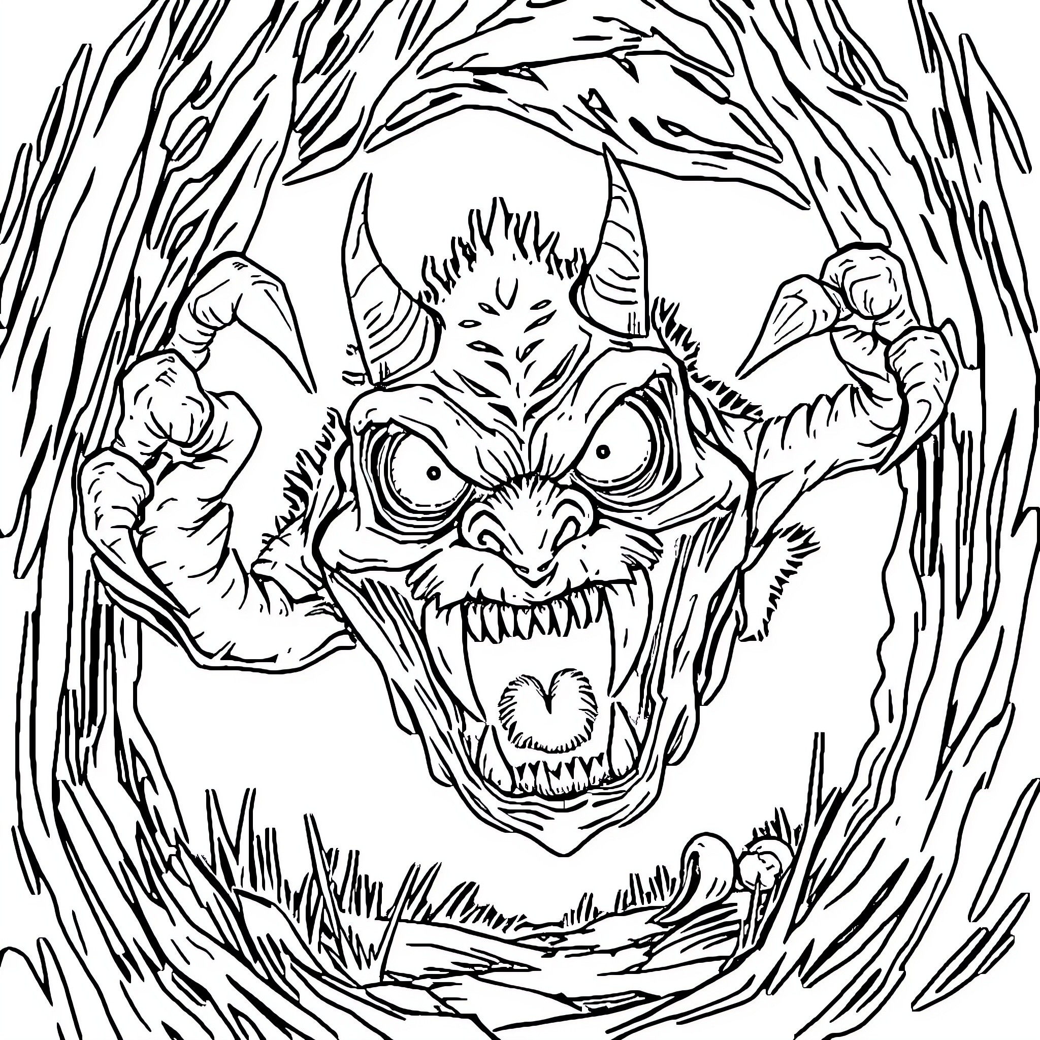 Monster emerging from the forest with bared teeth Coloring Page (free black-and-white line drawing printable PDF for all, from beginners to advanced learners, including children, teens, adults, and seniors)