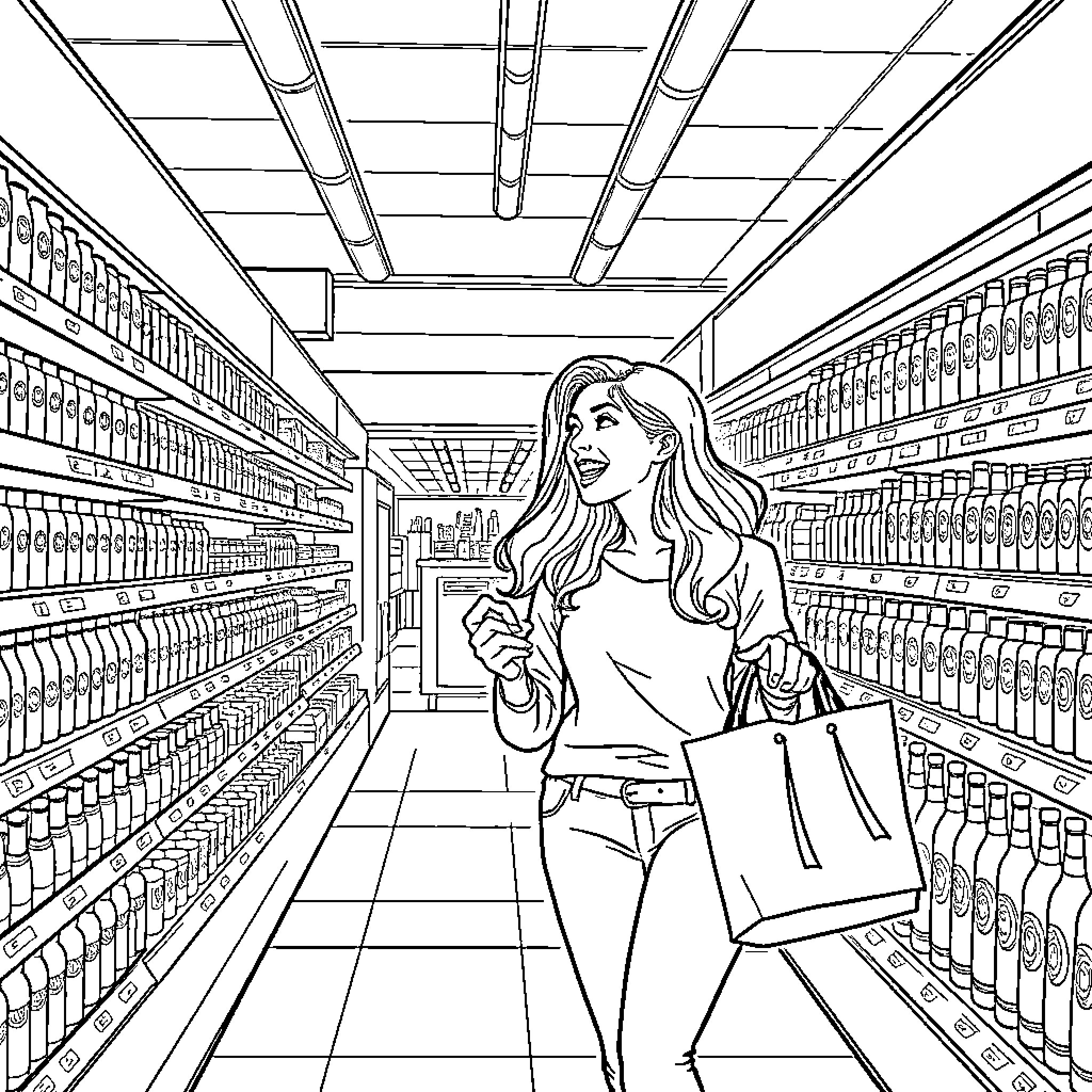 Couple enjoying shopping trip in grocery store Coloring Page (free black-and-white line drawing printable PDF for all, from beginners to advanced learners, including children, teens, adults, and seniors)