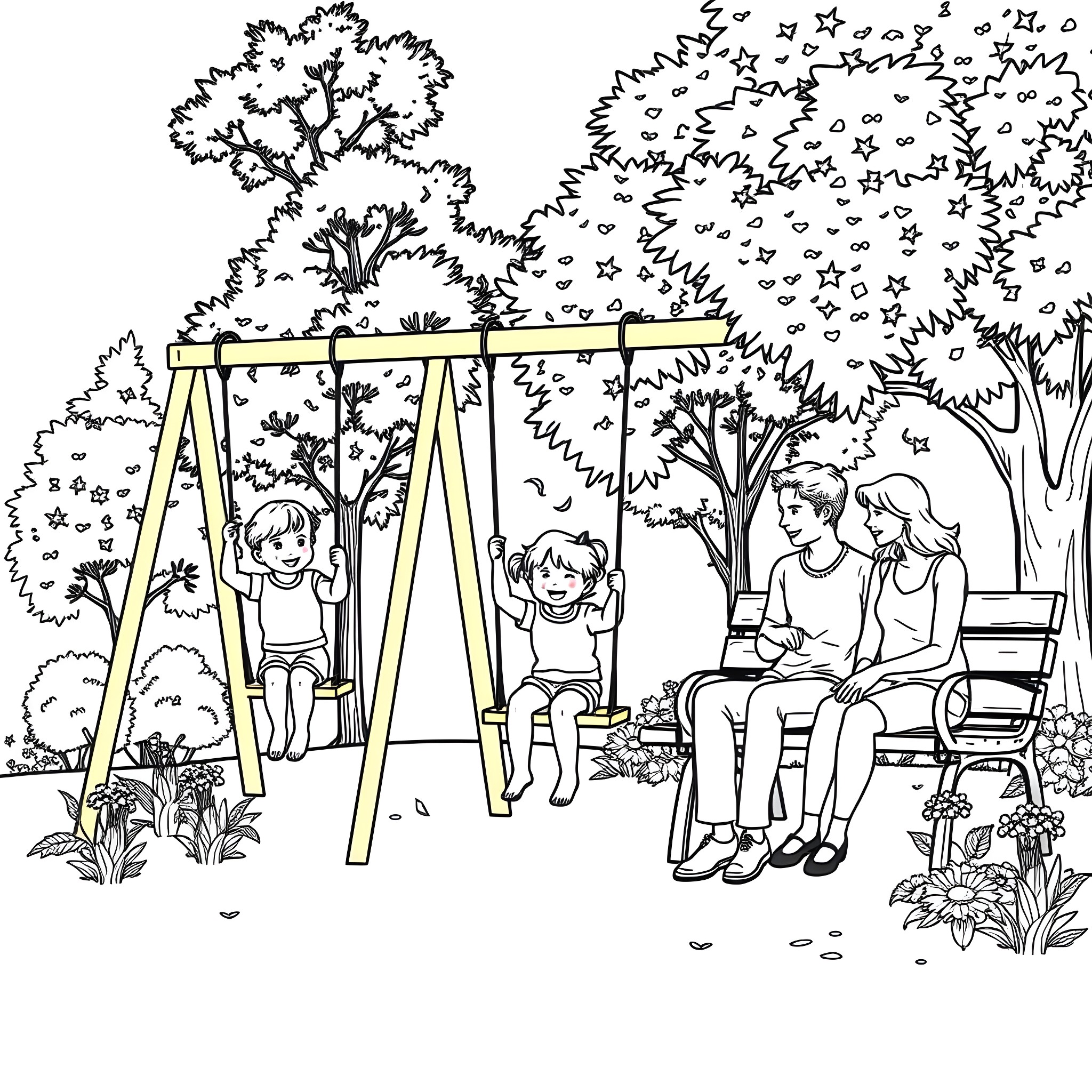 Child playing happily on swings in park with family Coloring Page (free black-and-white line drawing printable PDF for all, from beginners to advanced learners, including children, teens, adults, and seniors)