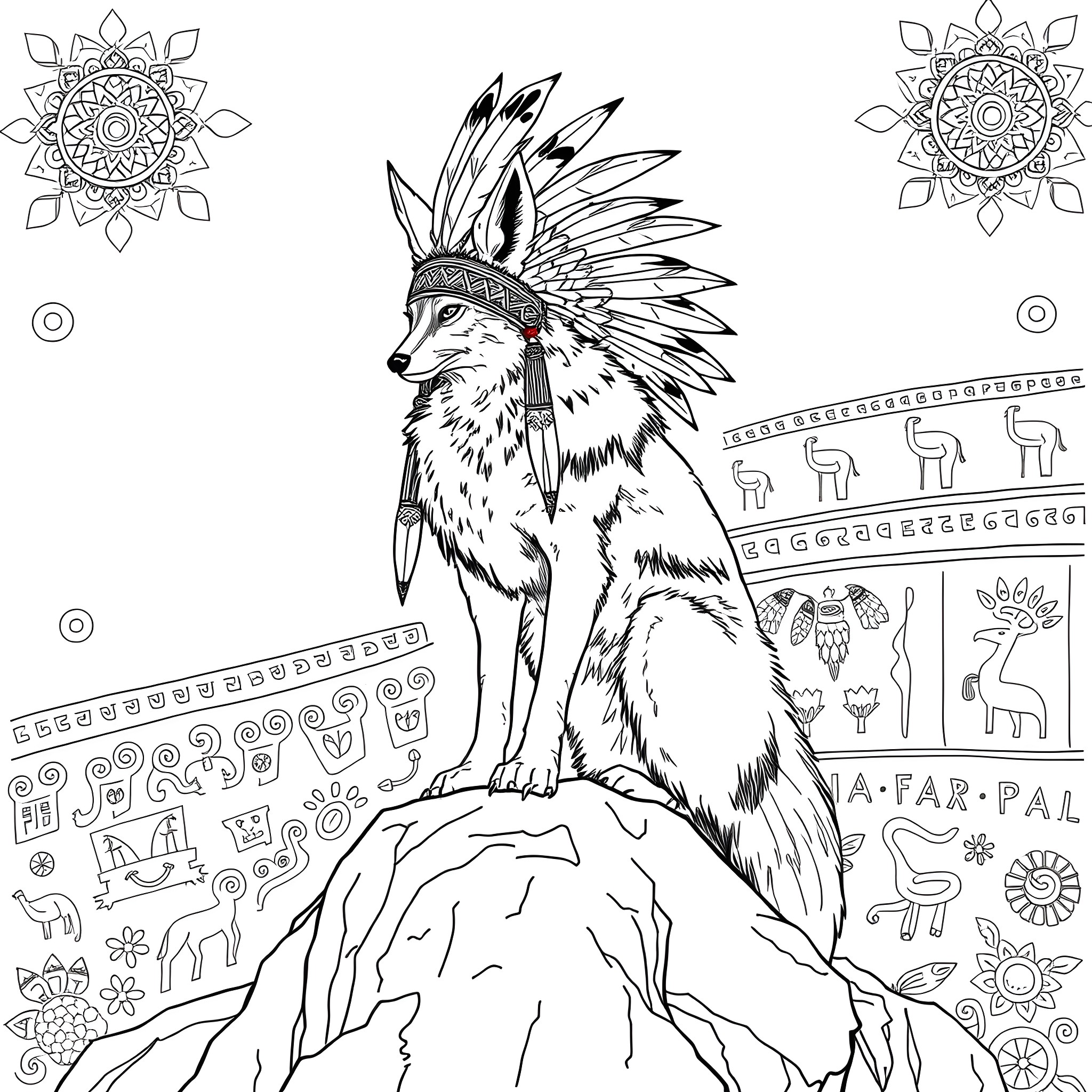Coyote in Ceremonial Headdress on Rocky Outcrop Coloring Page (free black-and-white line drawing printable PDF for all, from beginners to advanced learners, including children, teens, adults, and seniors)