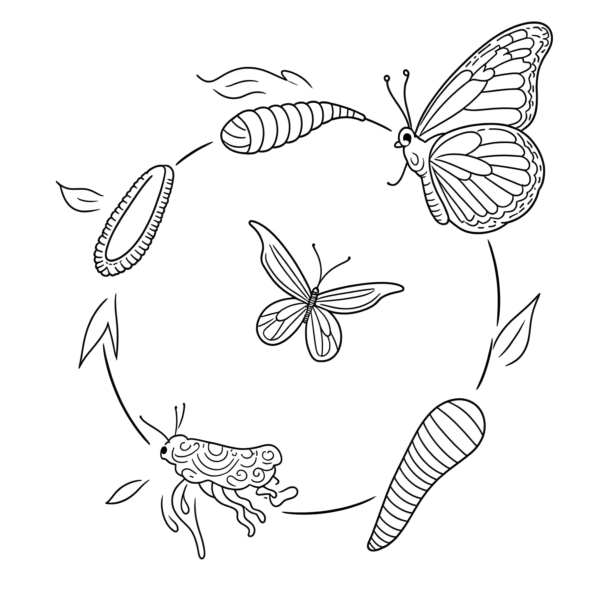 Butterflies in flight and repose Coloring Page (free black-and-white line drawing printable PDF for all, from beginners to advanced learners, including children, teens, adults, and seniors)