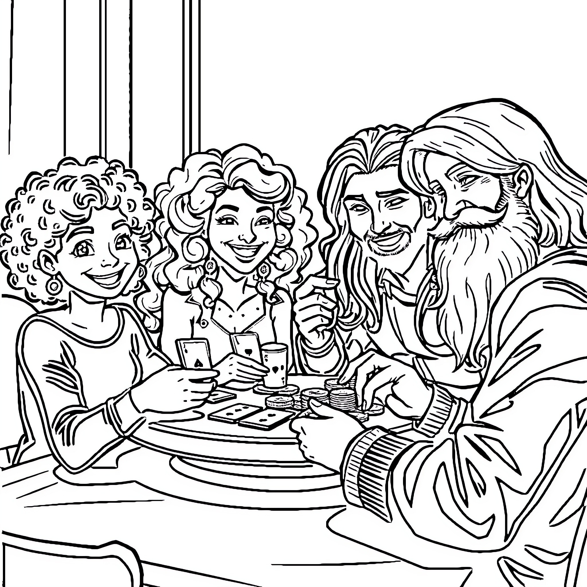 Person dining with friends in a casual setting Coloring Page (free black-and-white line drawing printable PDF for all, from beginners to advanced learners, including children, teens, adults, and seniors)