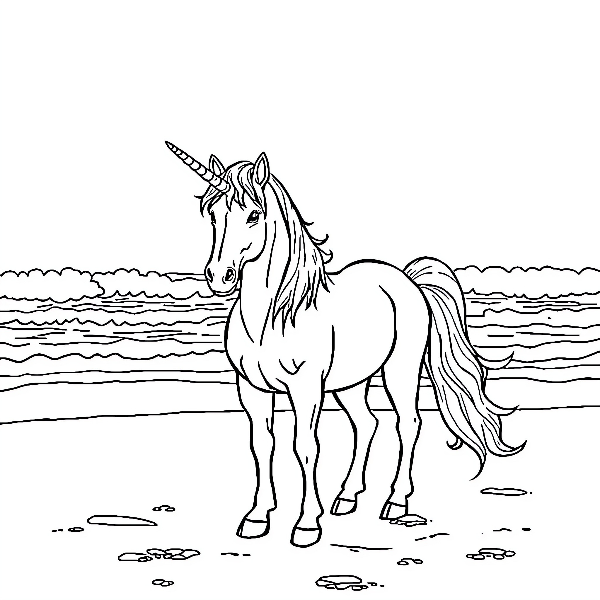 Unicorn standing gracefully on the beach Coloring Page (free black-and-white line drawing printable PDF for all, from beginners to advanced learners, including children, teens, adults, and seniors)