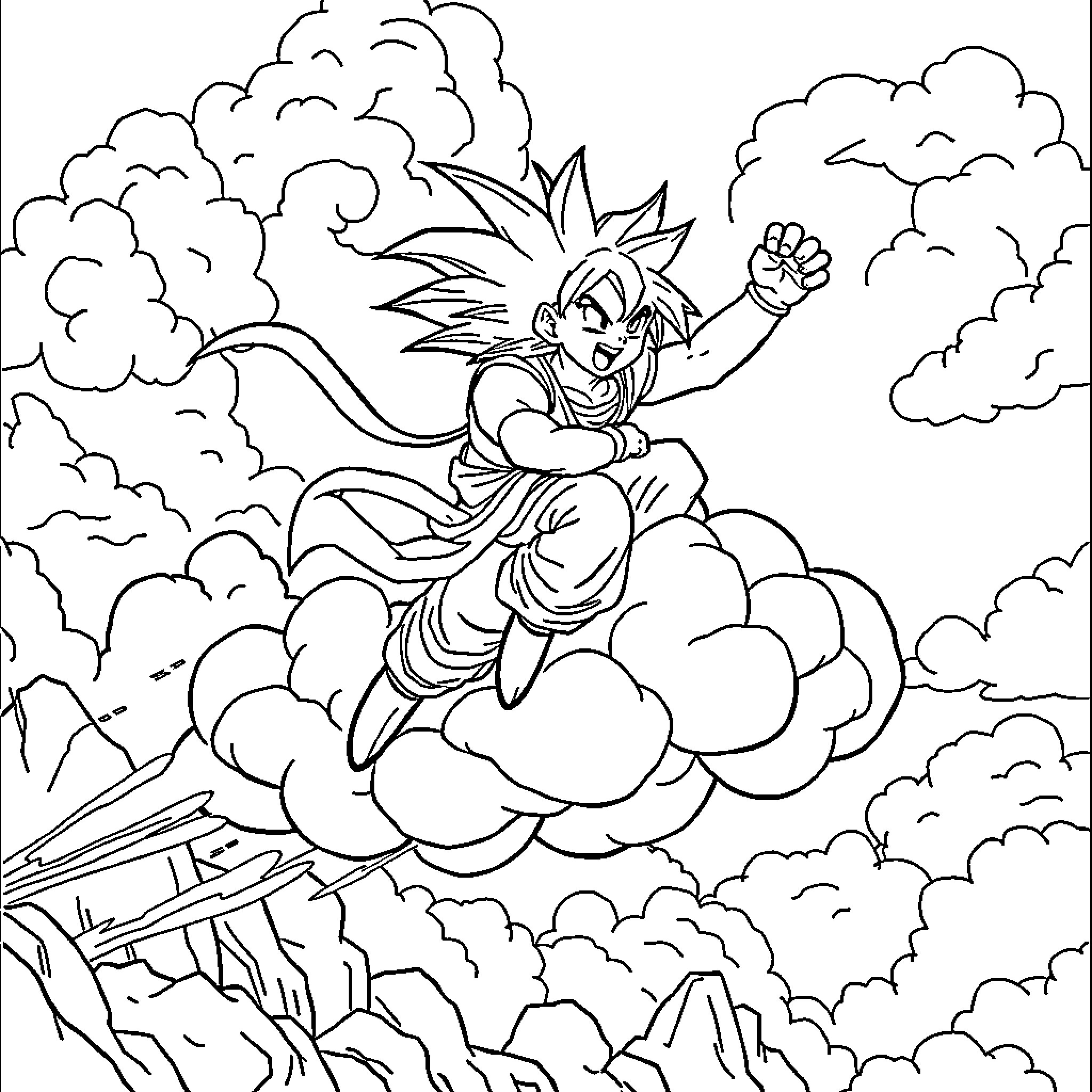 Dragon Ball character flying through the clouds Coloring Page (free black-and-white line drawing printable PDF for all, from beginners to advanced learners, including children, teens, adults, and seniors)