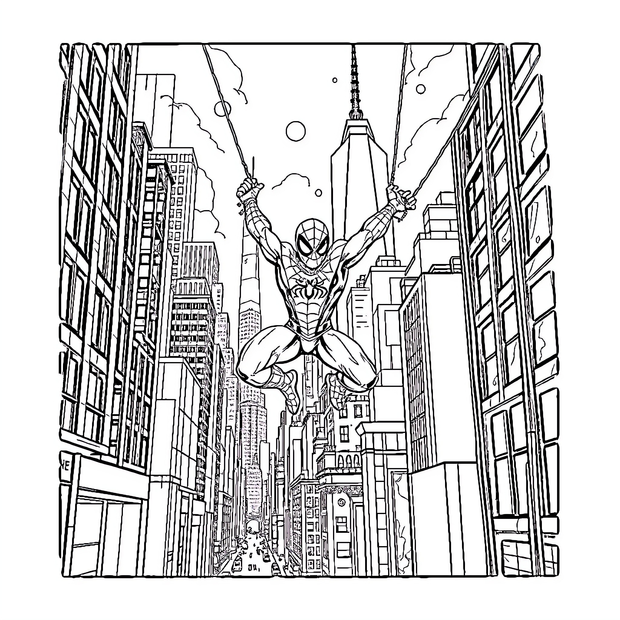 Spiderman swinging through the city skyline Coloring Page (free black-and-white line drawing printable PDF for all, from beginners to advanced learners, including children, teens, adults, and seniors)