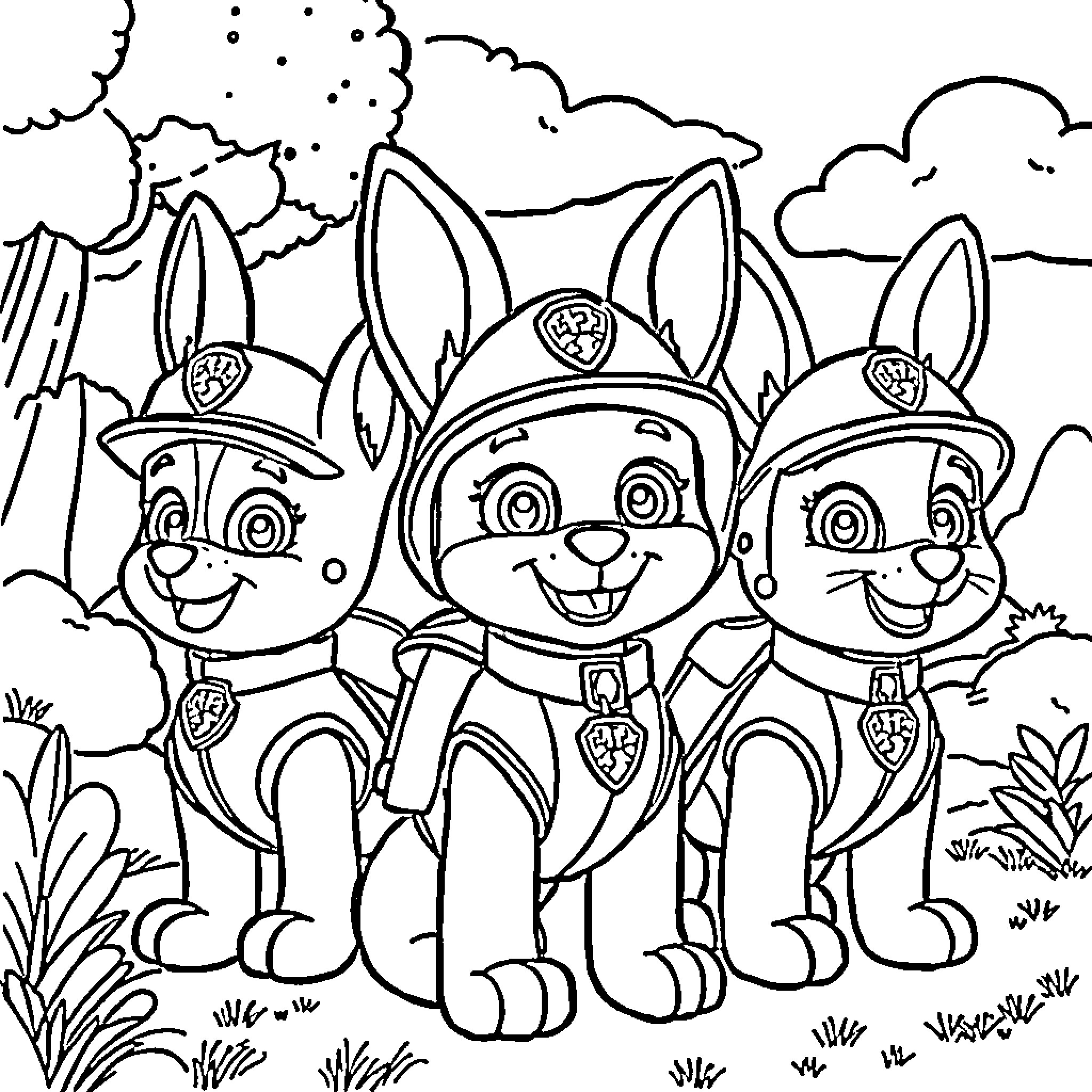 Bunny Pups in Patrol Uniforms Adventure Coloring Page (free black-and-white line drawing printable PDF for all, from beginners to advanced learners, including children, teens, adults, and seniors)