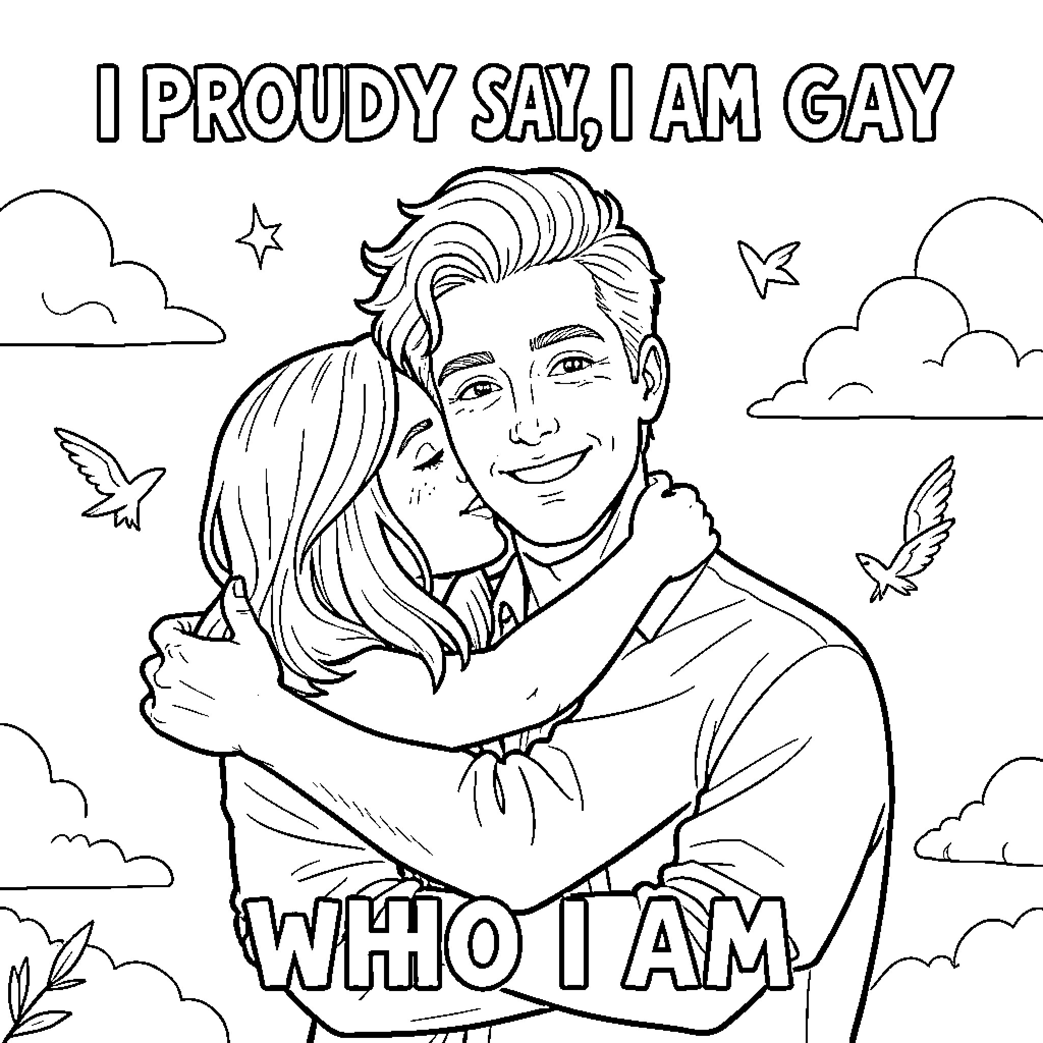 Gay couple embracing with pride and joy Coloring Page (free black-and-white line drawing printable PDF for all, from beginners to advanced learners, including children, teens, adults, and seniors)