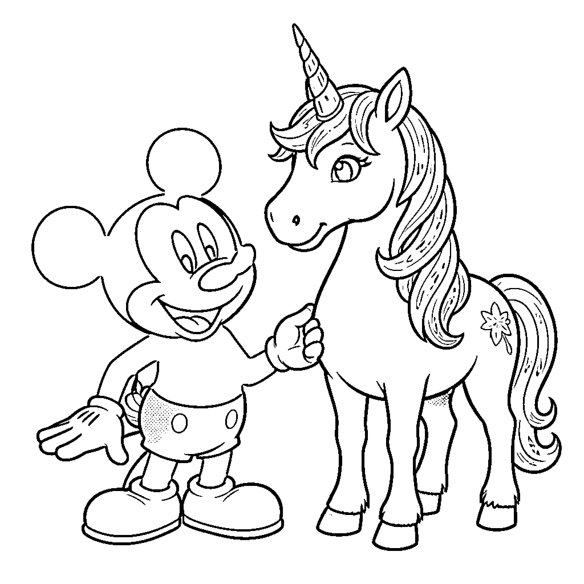 Mickey Mouse playing with a magical unicorn Coloring Page (free black-and-white line drawing printable PDF for all, from beginners to advanced learners, including children, teens, adults, and seniors)