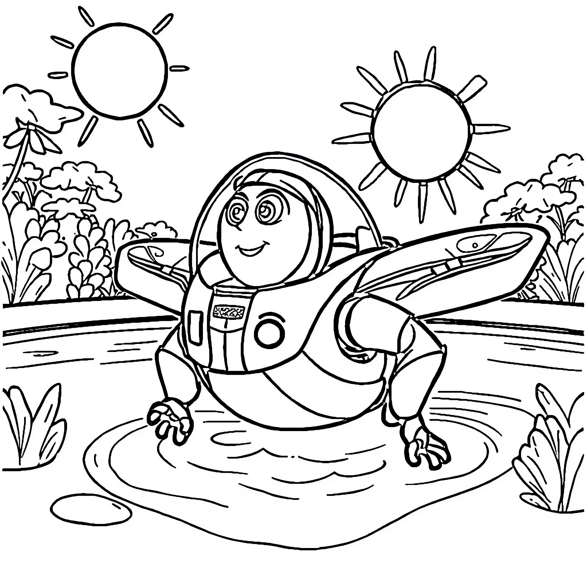 Buzz Lightyear exploring nature in a pond Coloring Page (free black-and-white line drawing printable PDF for all, from beginners to advanced learners, including children, teens, adults, and seniors)