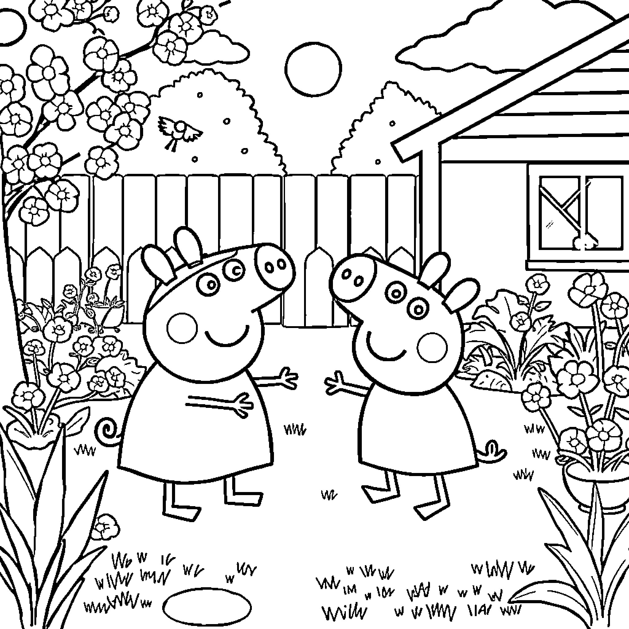 Peppa Pig and Friends Enjoying a Sunny Day in the Garden Coloring Page (free black-and-white line drawing printable PDF for all, from beginners to advanced learners, including children, teens, adults, and seniors)