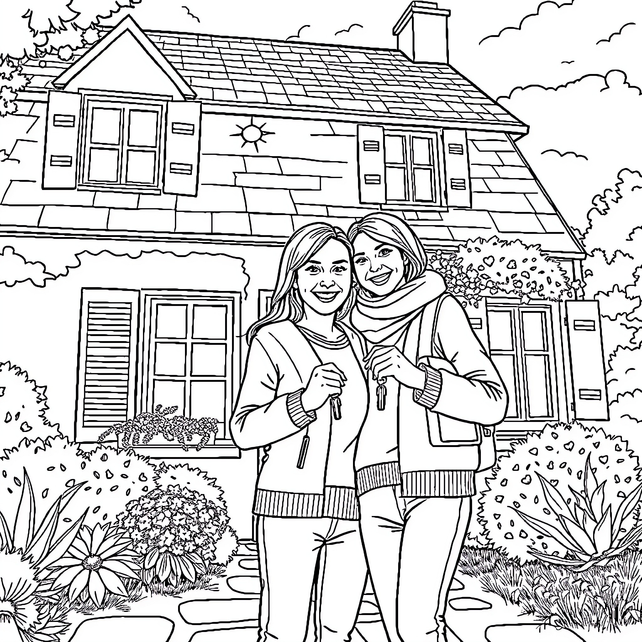 Couple enjoying a day in the garden Coloring Page (free black-and-white line drawing printable PDF for all, from beginners to advanced learners, including children, teens, adults, and seniors)