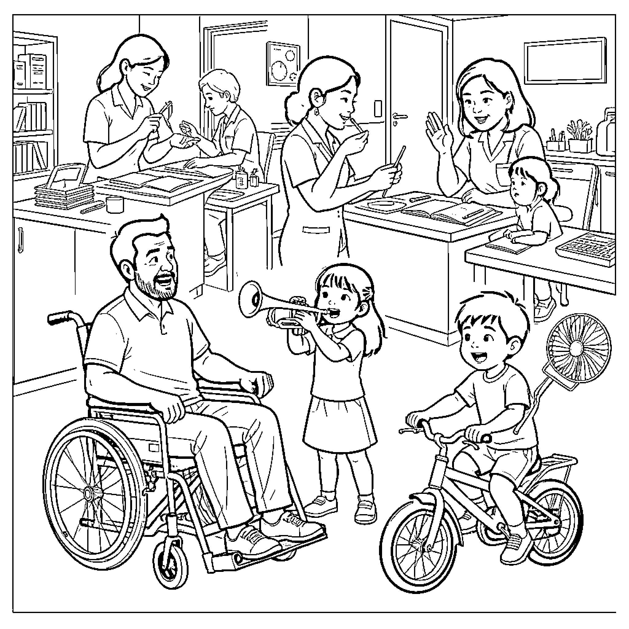 Person in wheelchair surrounded by playing children Coloring Page (free black-and-white line drawing printable PDF for all, from beginners to advanced learners, including children, teens, adults, and seniors)