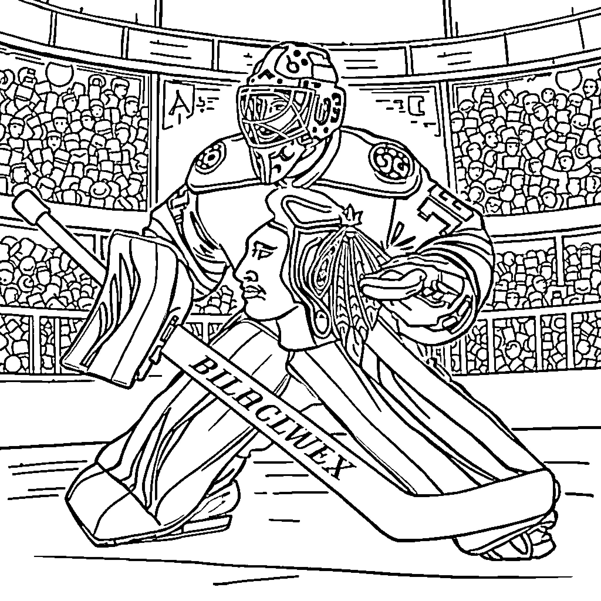 Goalie in action on the ice hockey rink Coloring Page (free black-and-white line drawing printable PDF for all, from beginners to advanced learners, including children, teens, adults, and seniors)