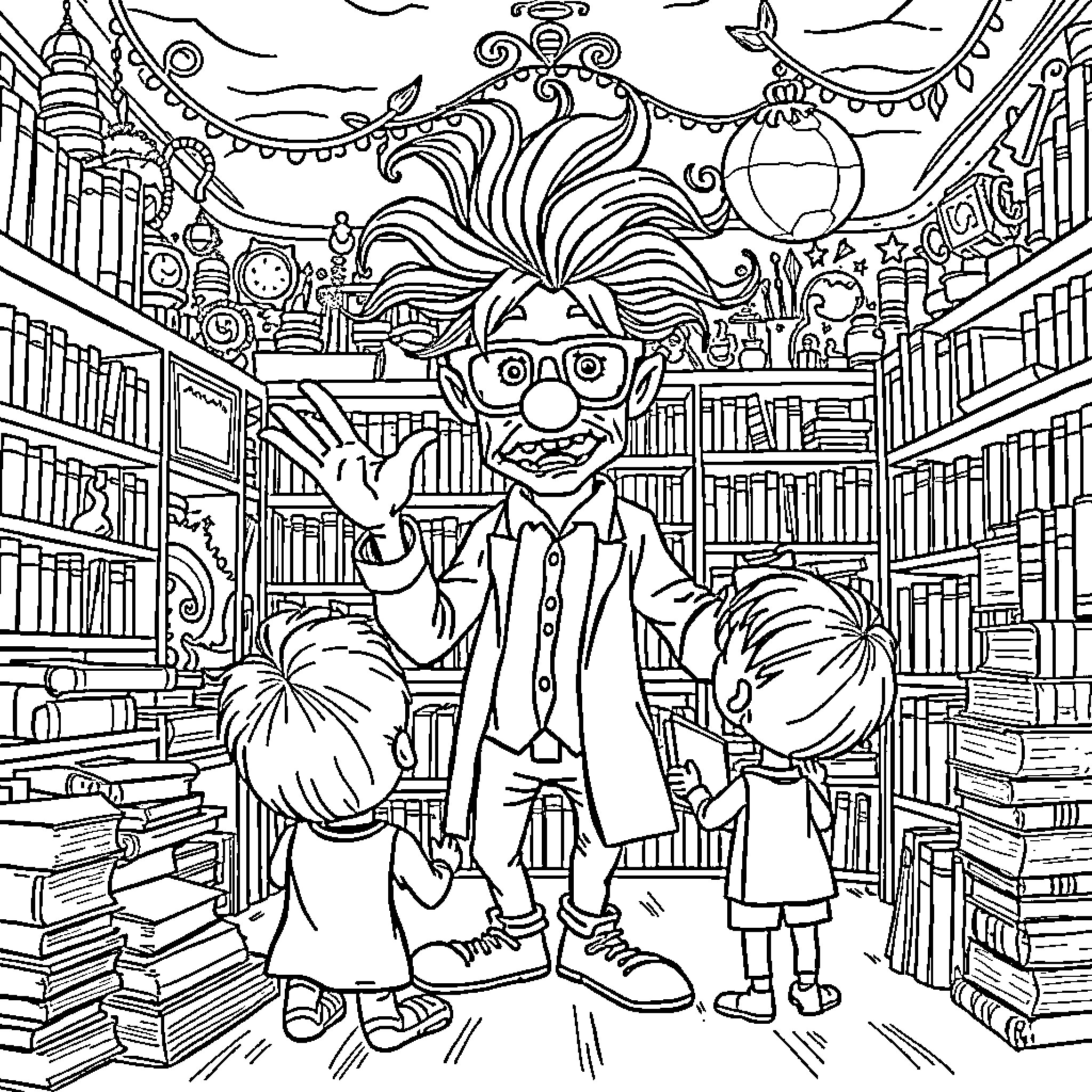 Librarian entertaining children in whimsical library Coloring Page (free black-and-white line drawing printable PDF for all, from beginners to advanced learners, including children, teens, adults, and seniors)