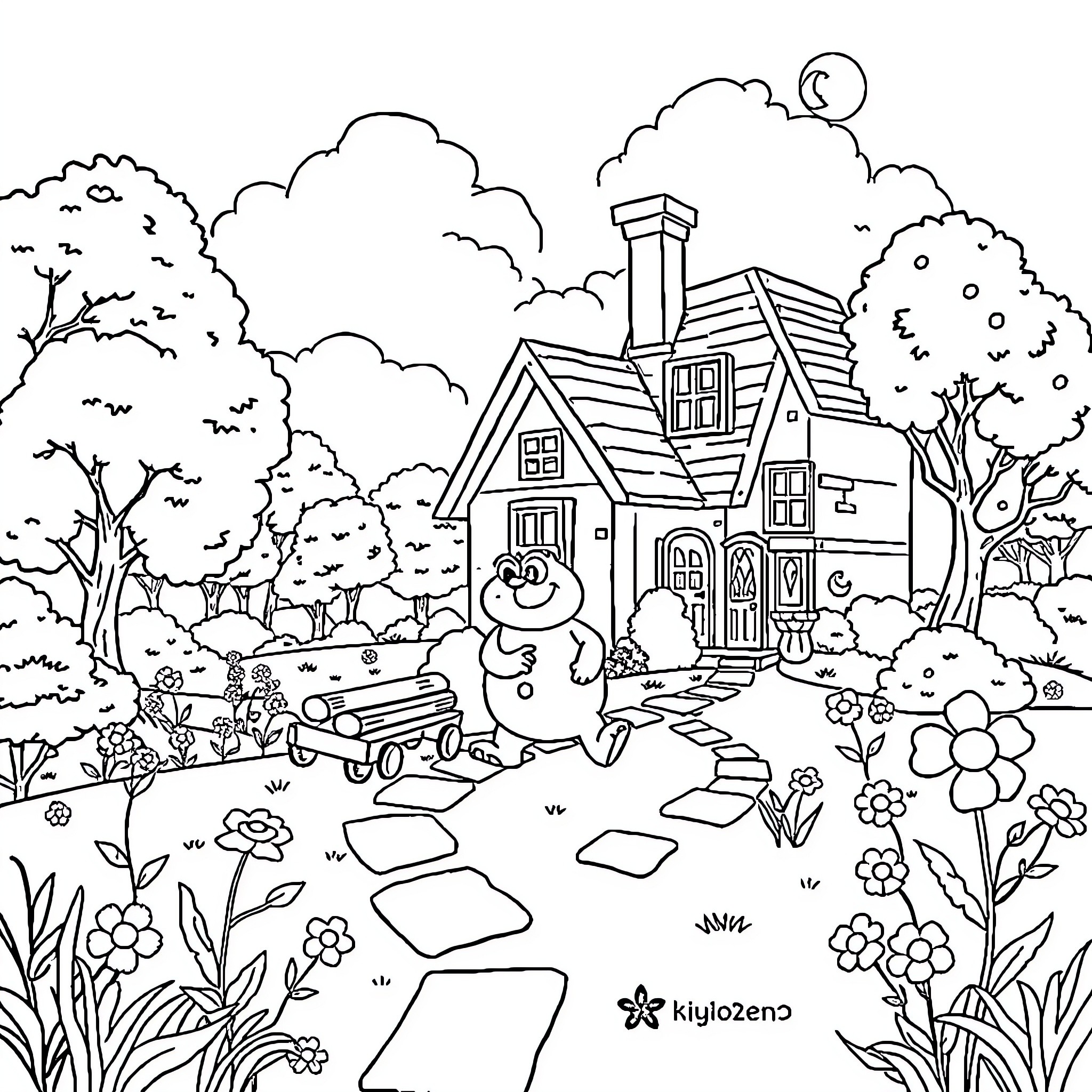 Bob l'éponge enjoys a peaceful countryside scene Coloring Page (free black-and-white line drawing printable PDF for all, from beginners to advanced learners, including children, teens, adults, and seniors)