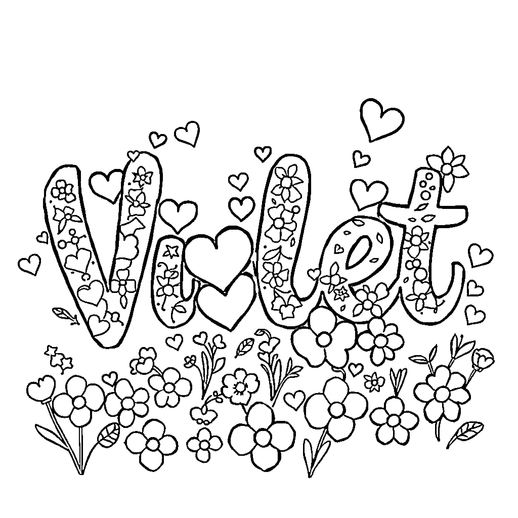 Violet's Floral Fantasy Coloring Page (free black-and-white line drawing printable PDF for all, from beginners to advanced learners, including children, teens, adults, and seniors)