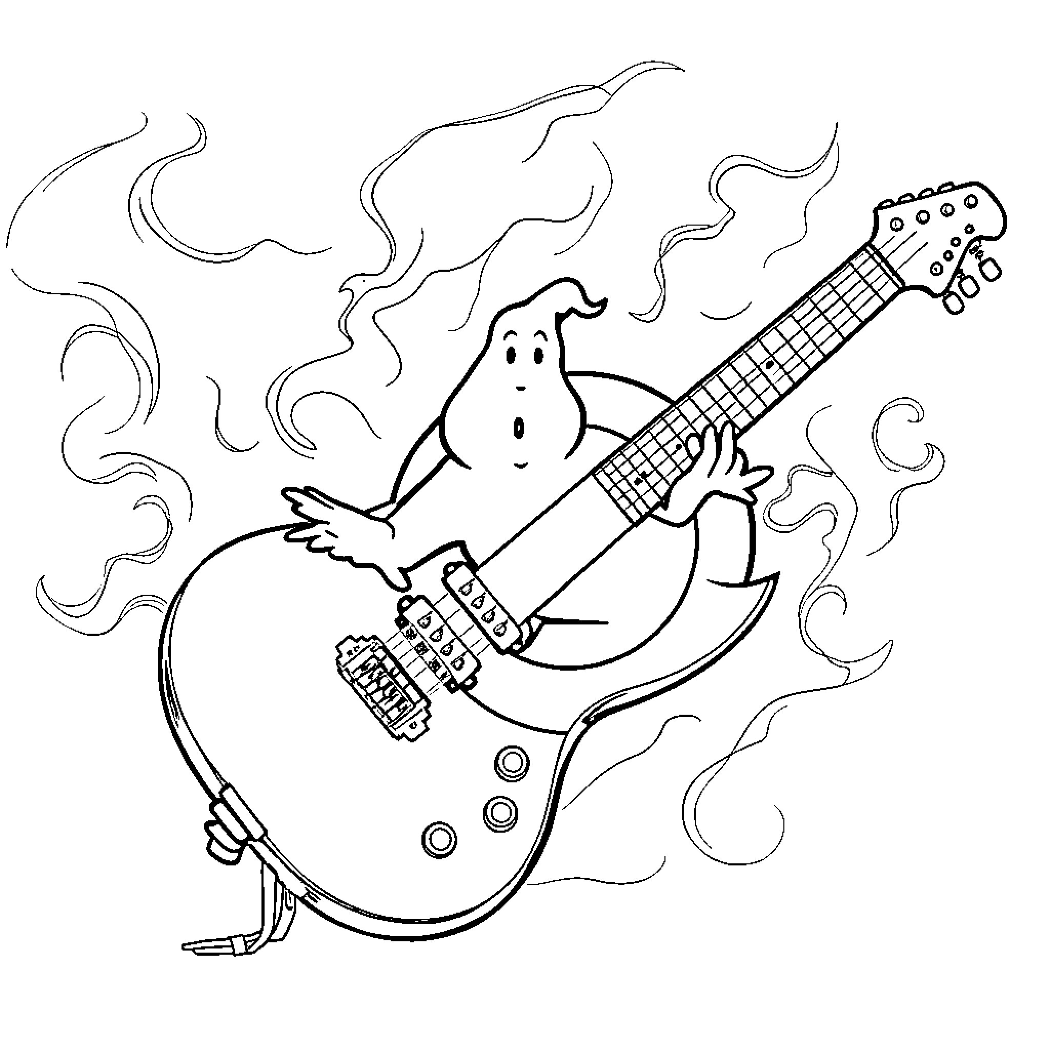 Guitar-playing ghost in lively performance Coloring Page (free black-and-white line drawing printable PDF for all, from beginners to advanced learners, including children, teens, adults, and seniors)